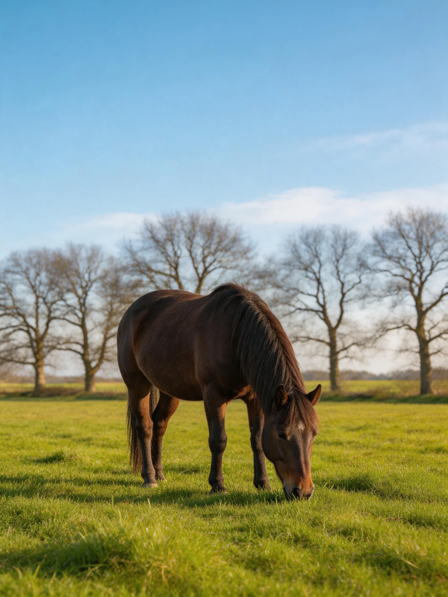 A brown horse grazes in a green meadow with trees behind it