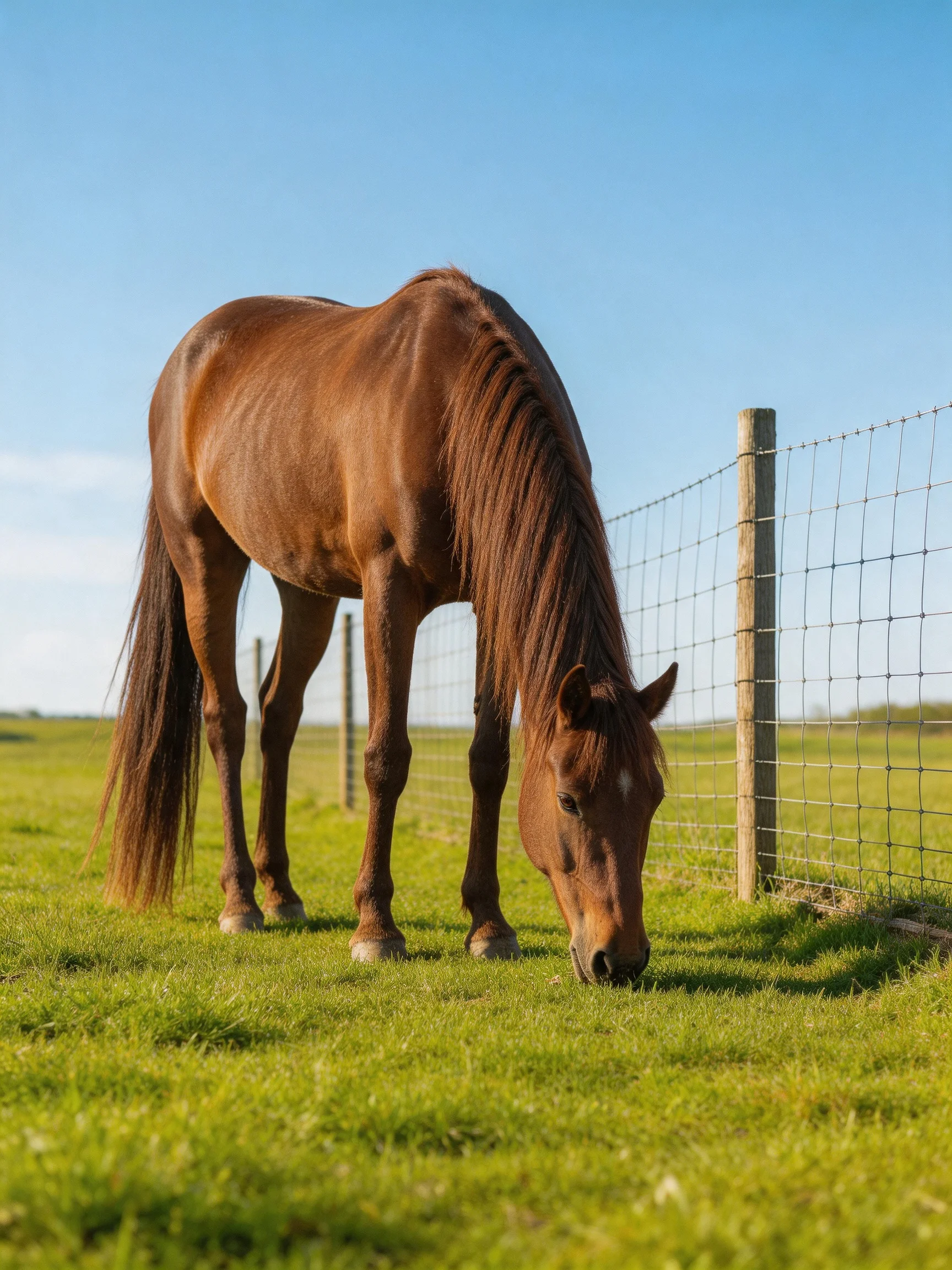 A brown horse grazes in a sunny pasture next to a wire fence.
