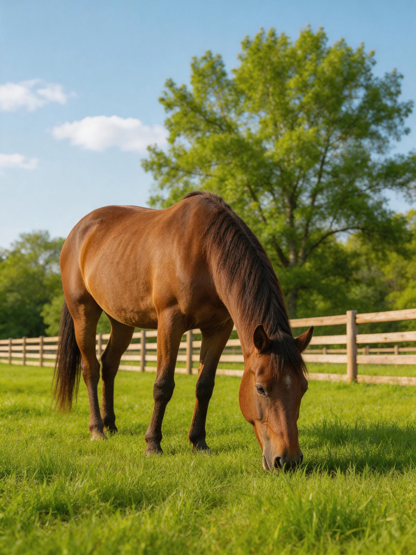 A brown horse grazes in a sunny pasture with wooden fences and trees.