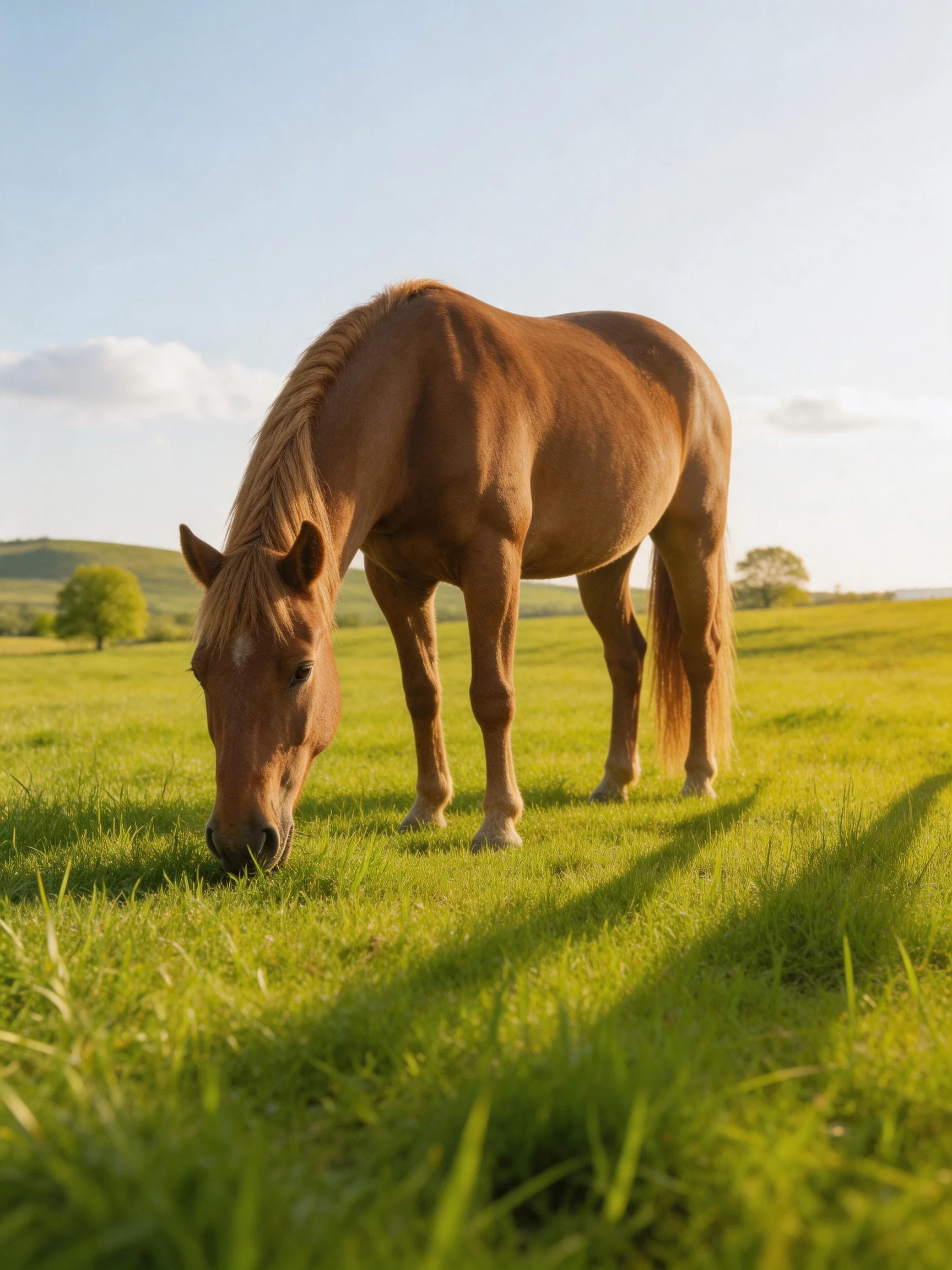 A brown horse grazes in a sunny green pasture.
