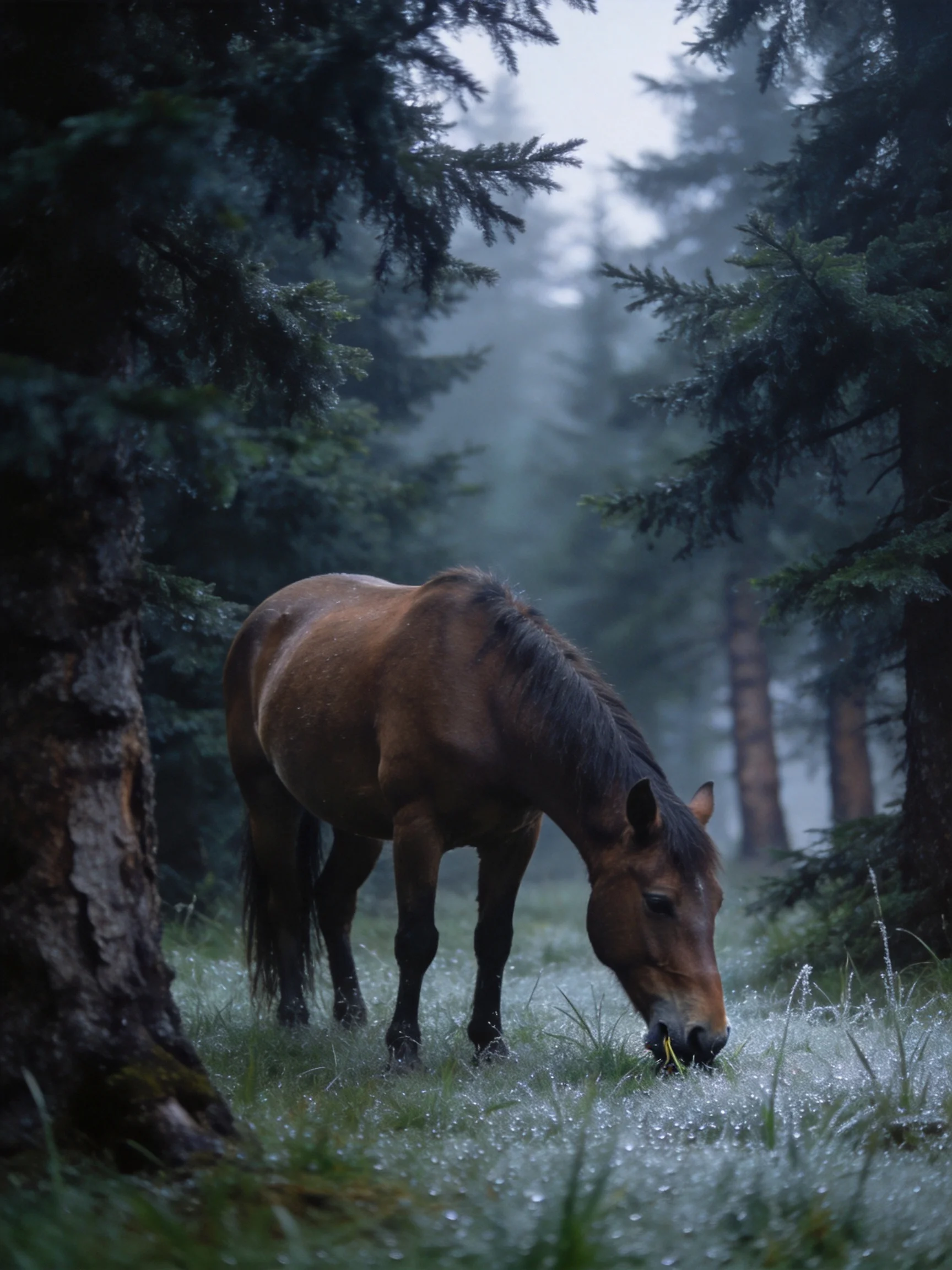 A brown horse grazes in a misty, dew-covered forest clearing