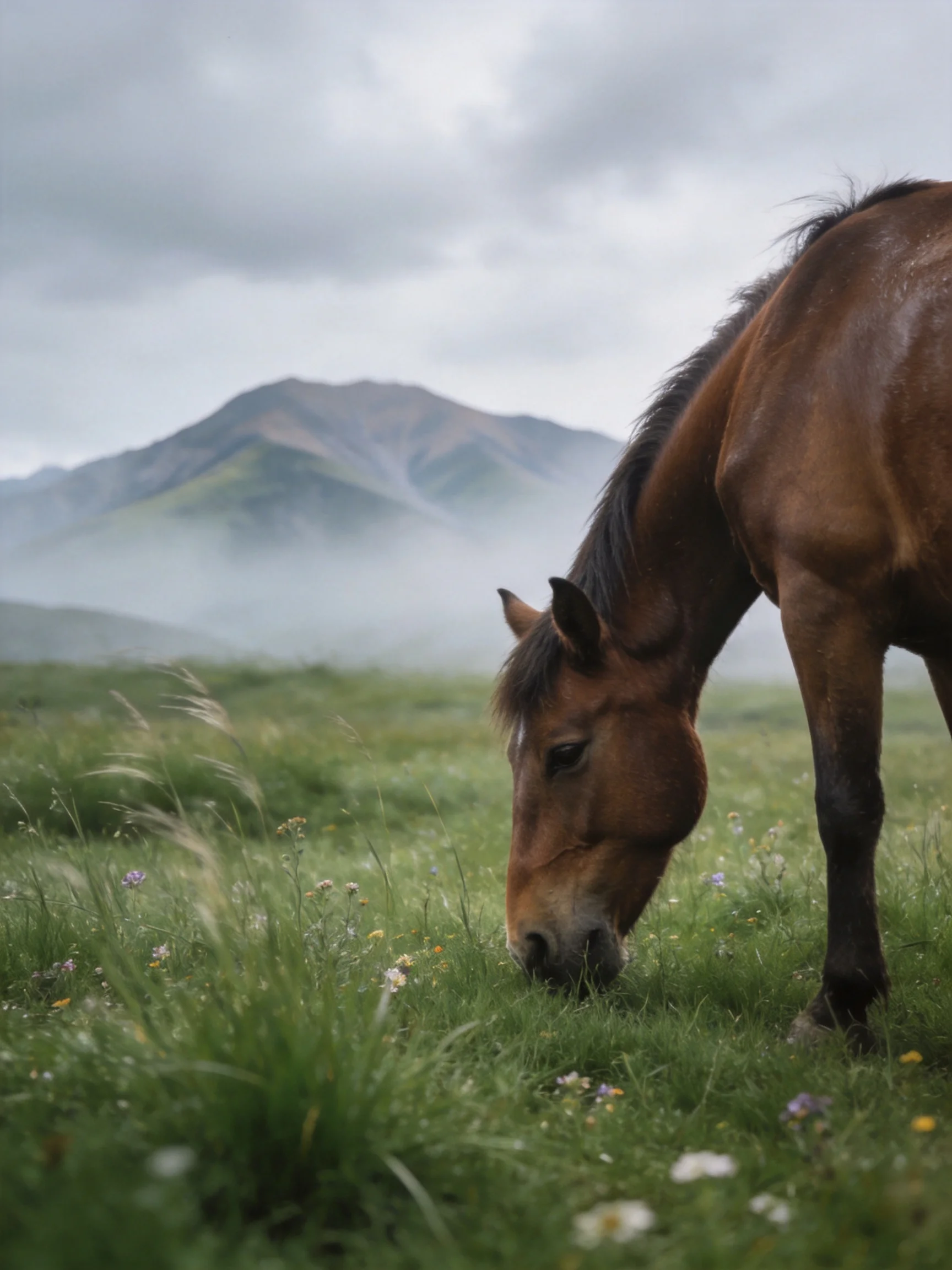 A brown horse grazes in a misty mountain meadow