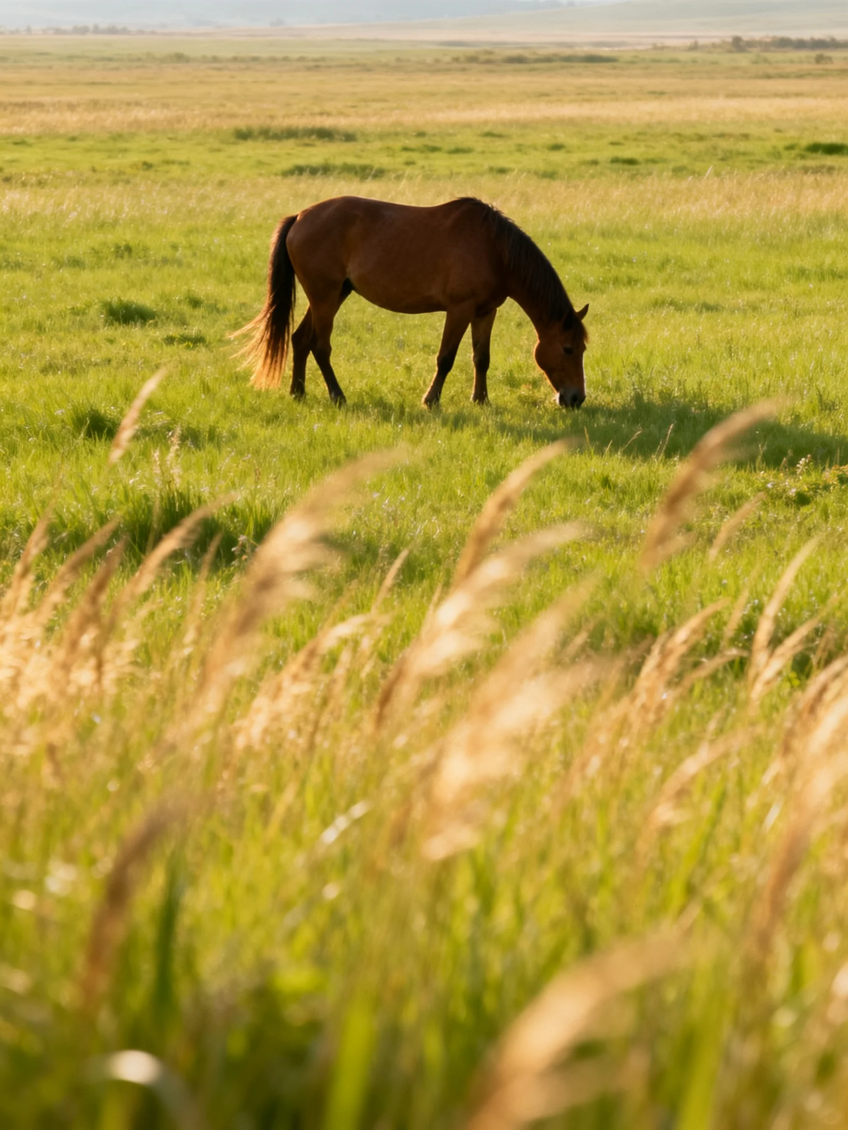 A brown horse grazes in a sprawling green meadow with tall grasses
