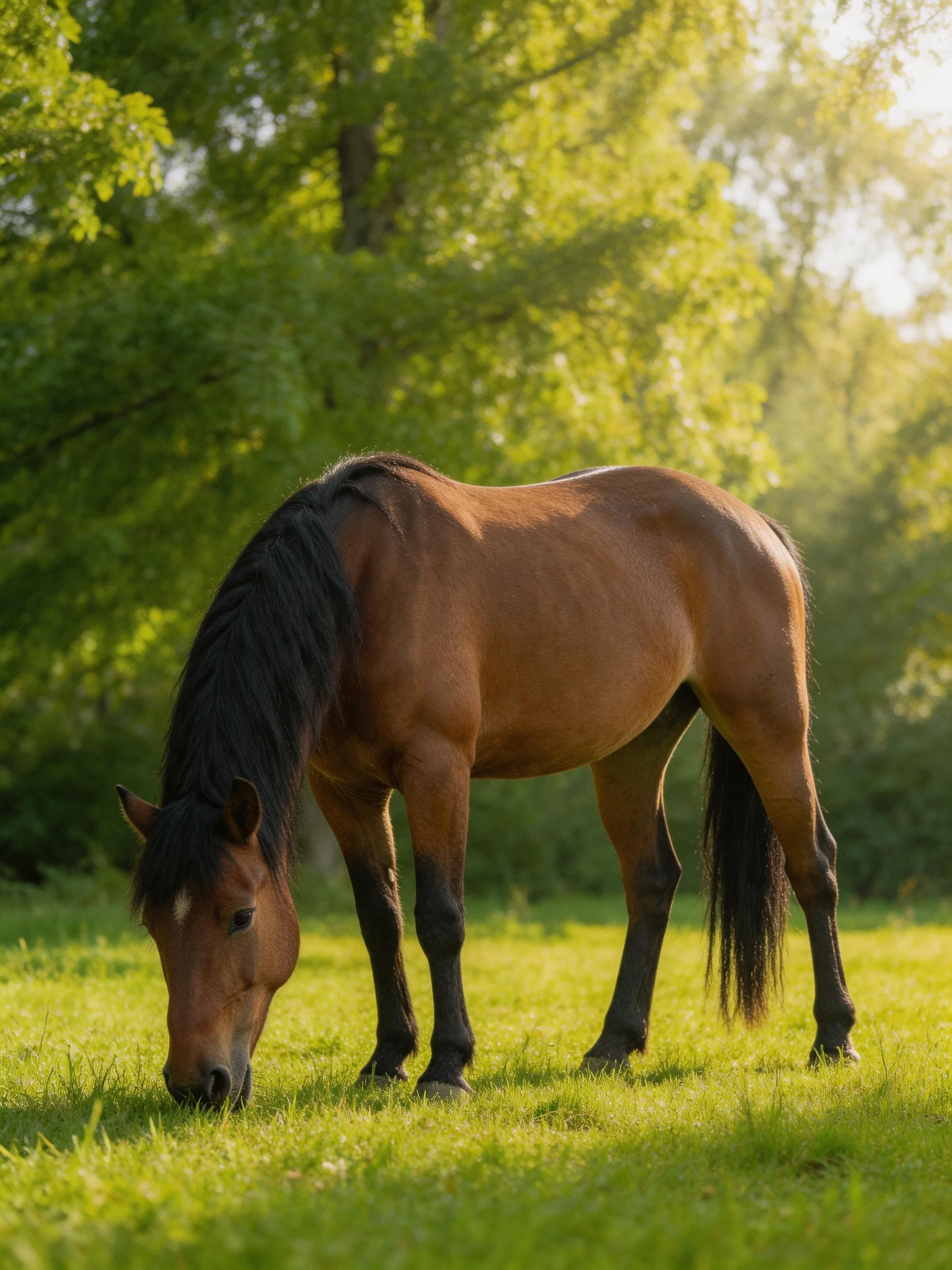 A brown horse grazes in a sun-dappled green meadow