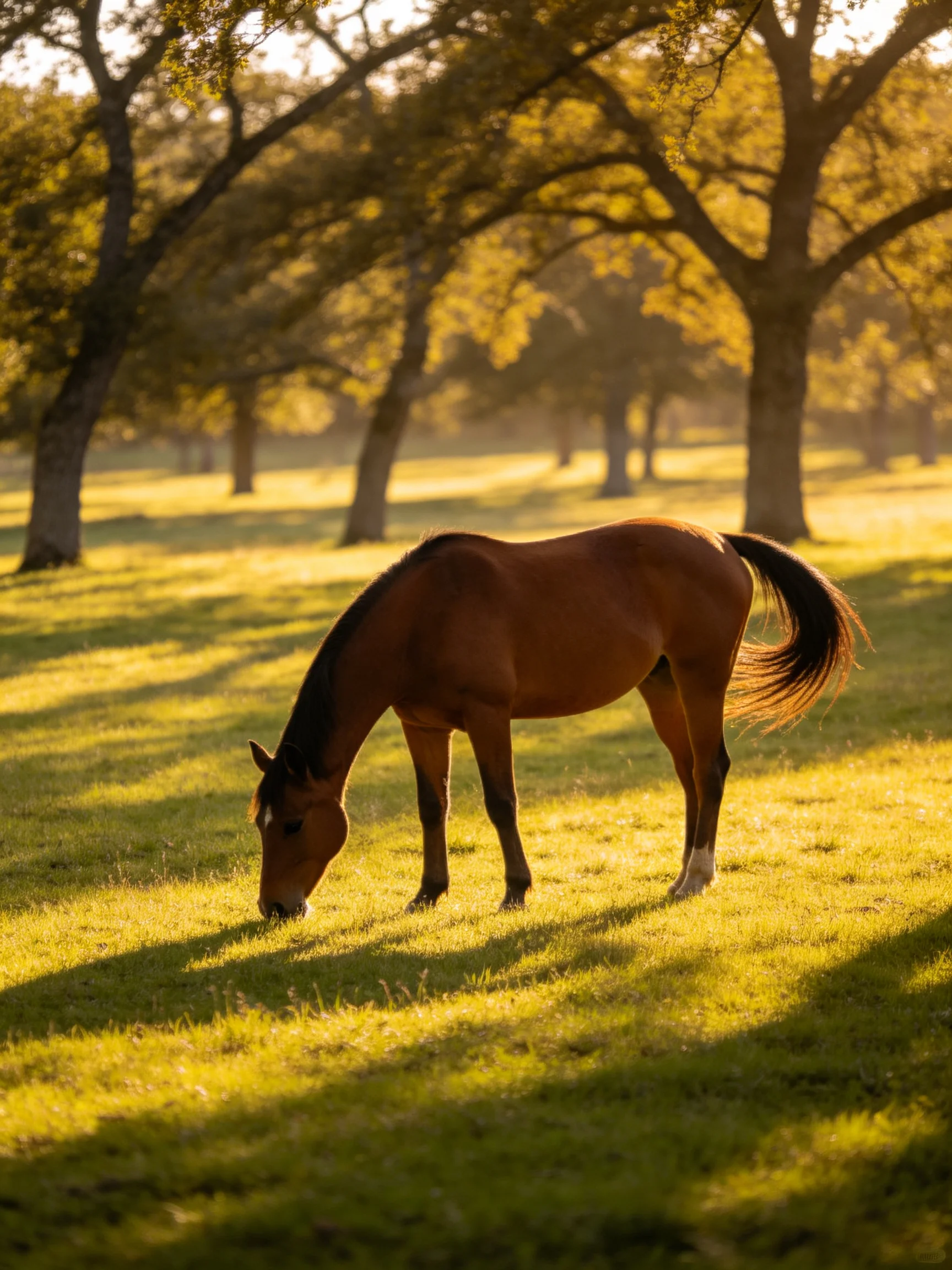 A brown horse grazes in a sun-dappled meadow with tall oak trees