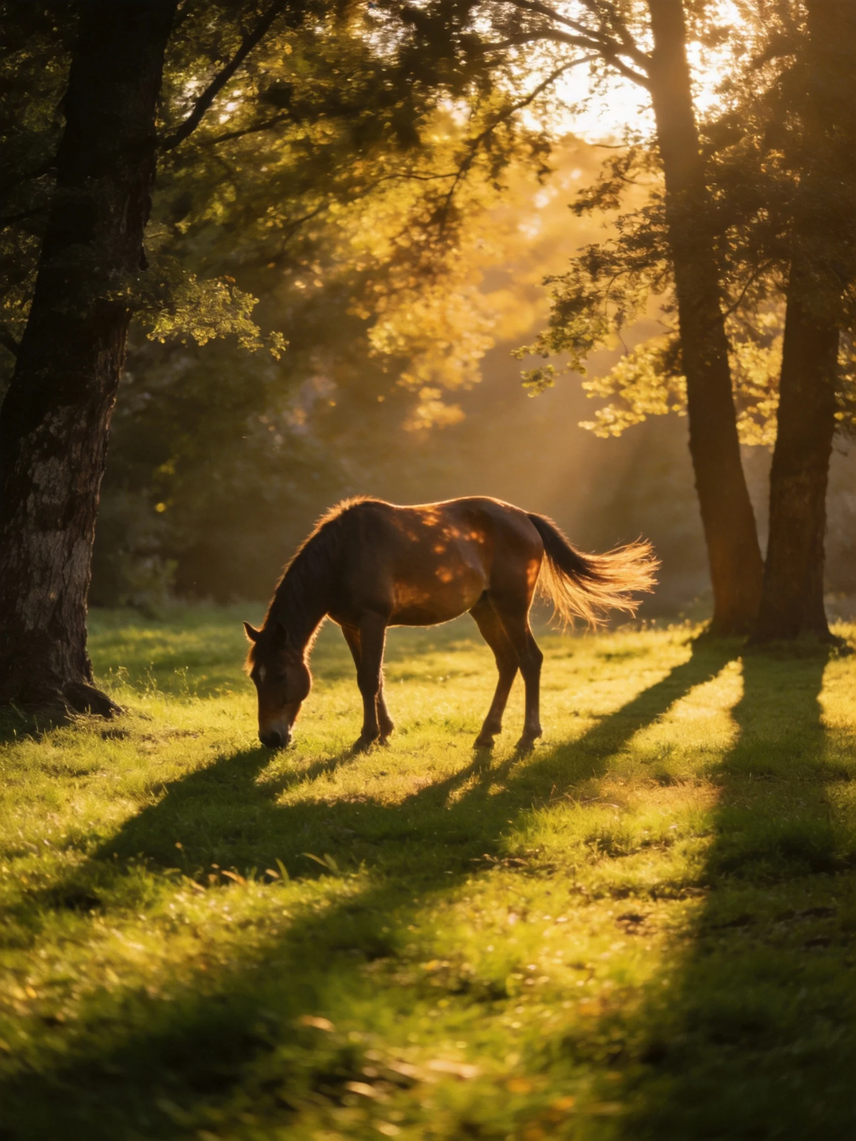 A brown horse grazes in a sun-drenched forest clearing