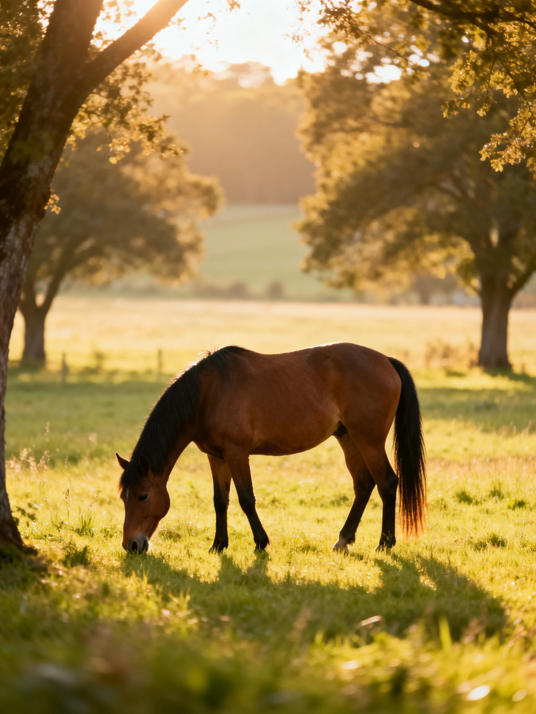 A brown horse grazes in a sun-drenched meadow with tall trees