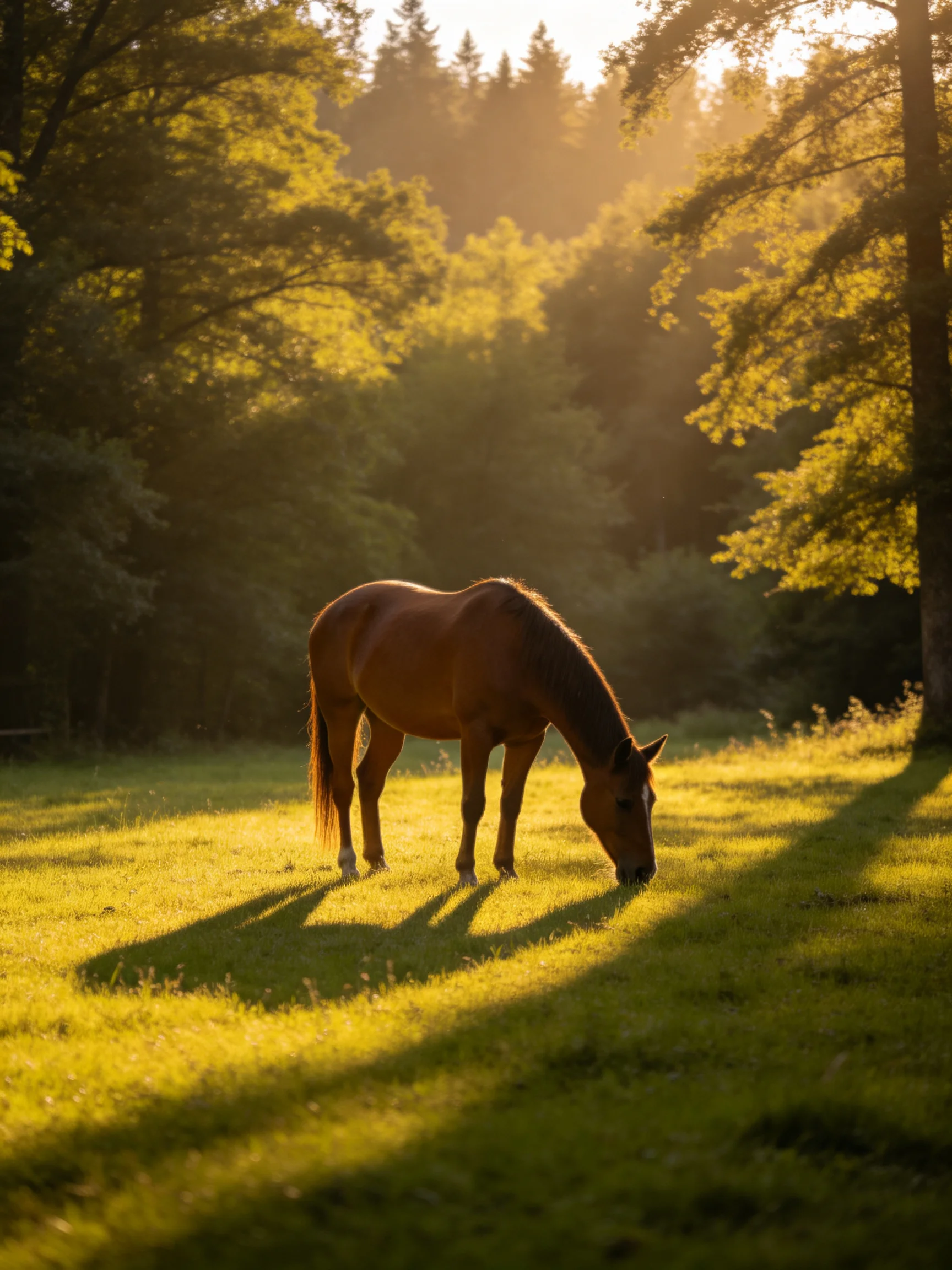 A brown horse grazes in a sunlit forest meadow