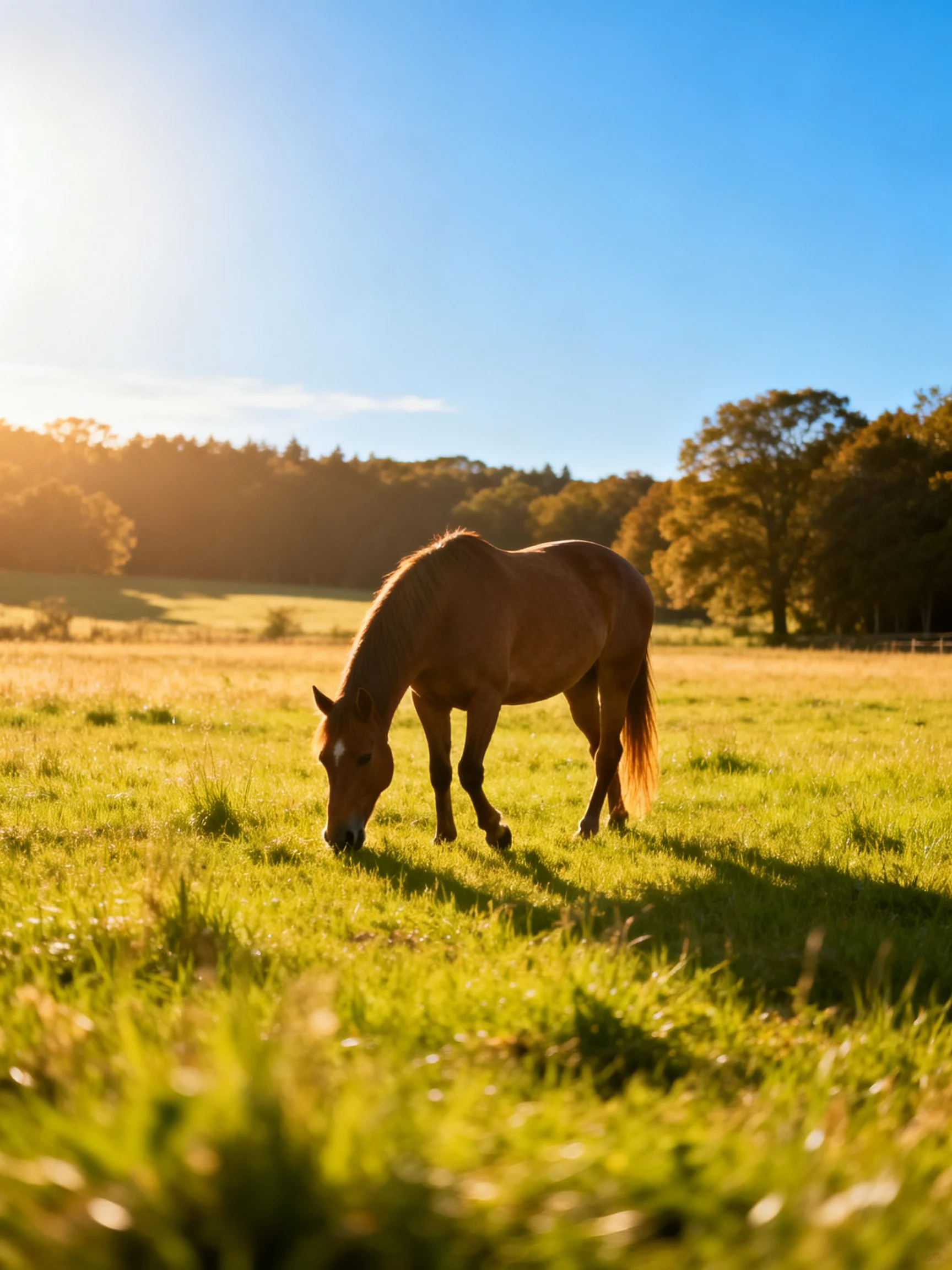 A brown horse grazes in a sunlit meadow.
