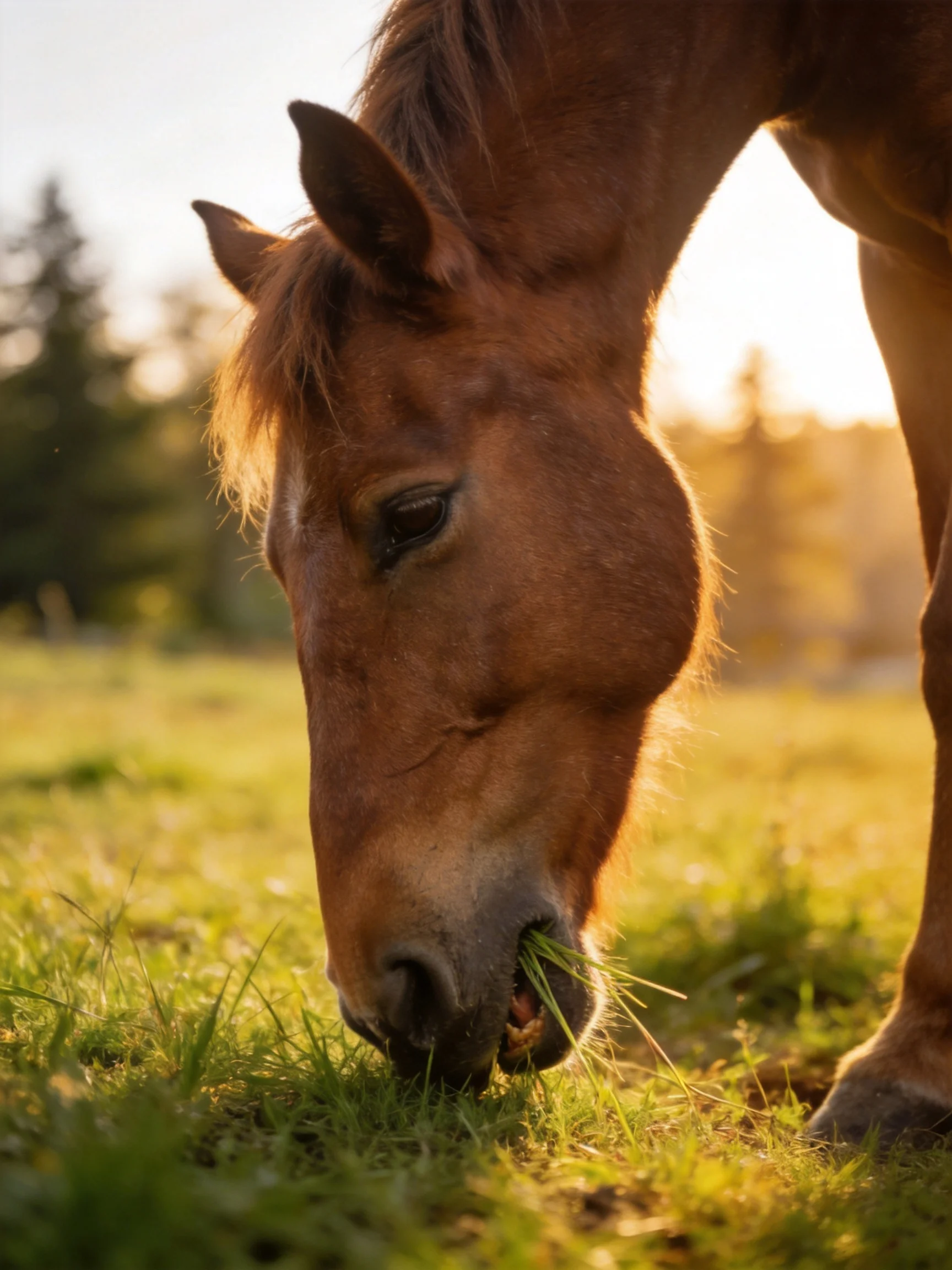 A brown horse grazes in a sunlit green meadow