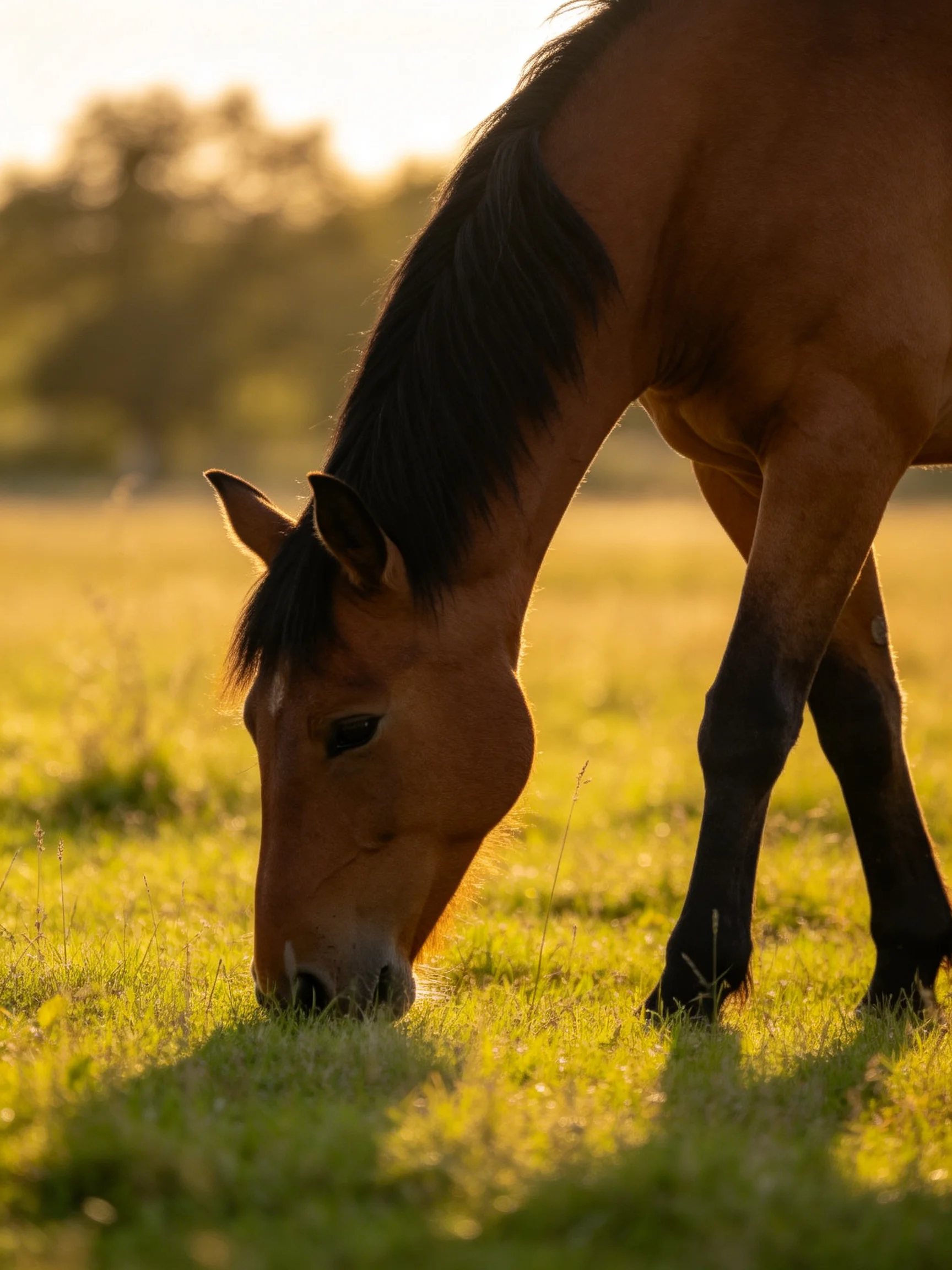 A brown horse grazes in a sunlit meadow.