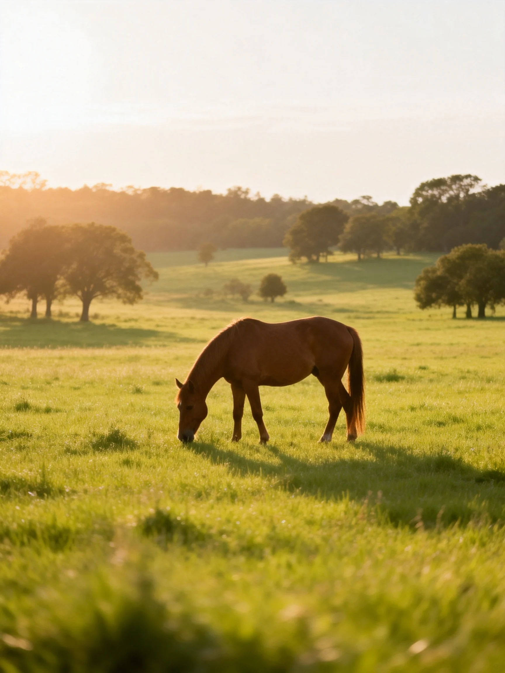 A brown horse grazes in a sunlit green meadow with scattered trees