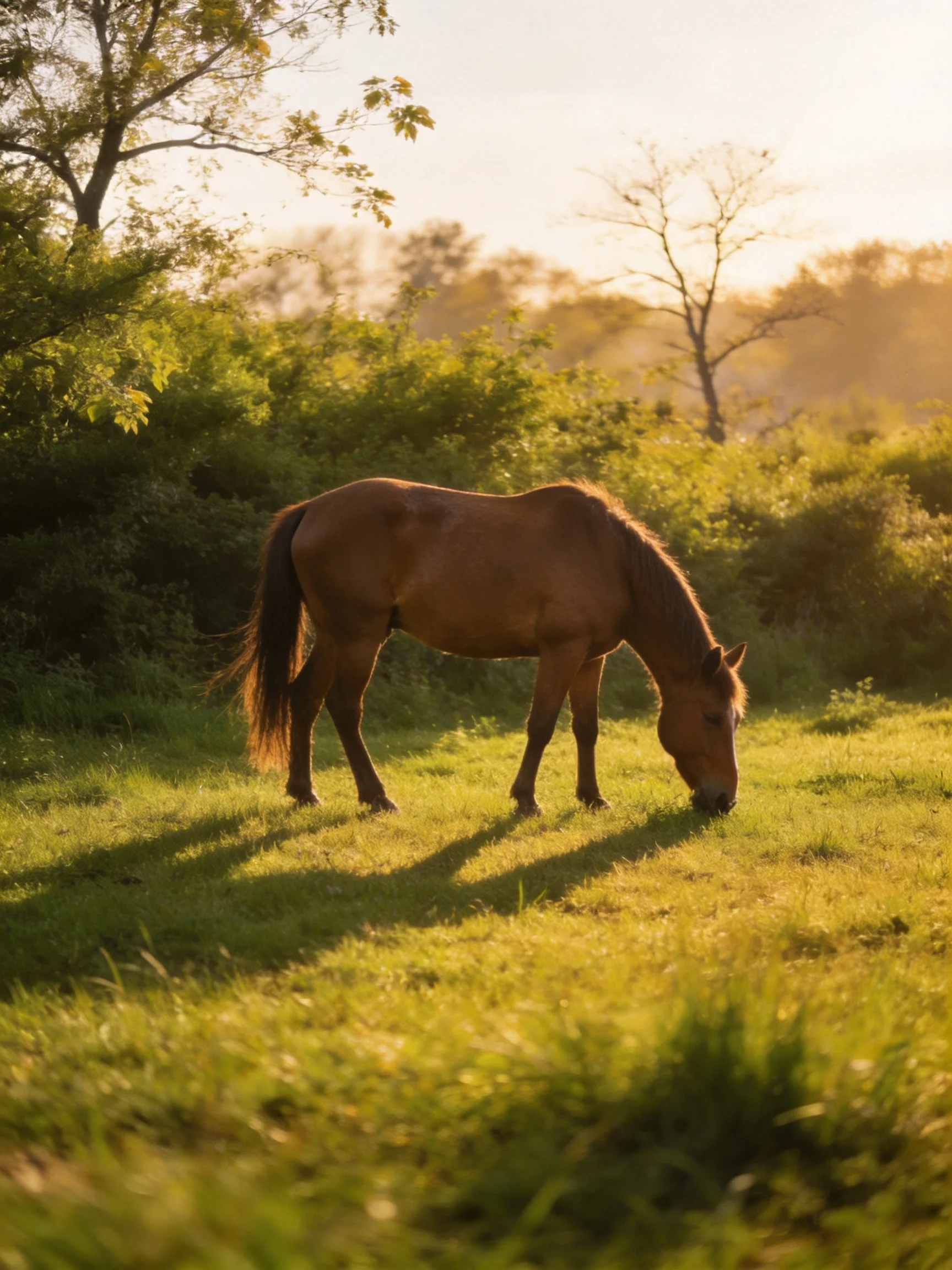 A brown horse grazes in a sunlit green meadow with trees