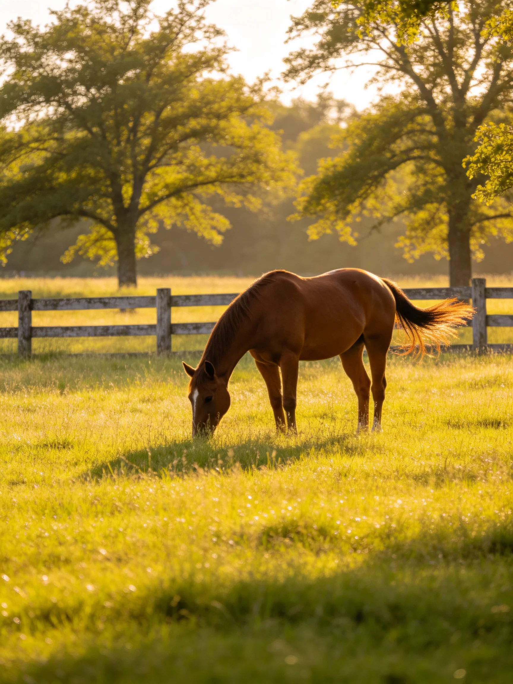 A brown horse grazes in a sunlit green pasture near tall oak trees