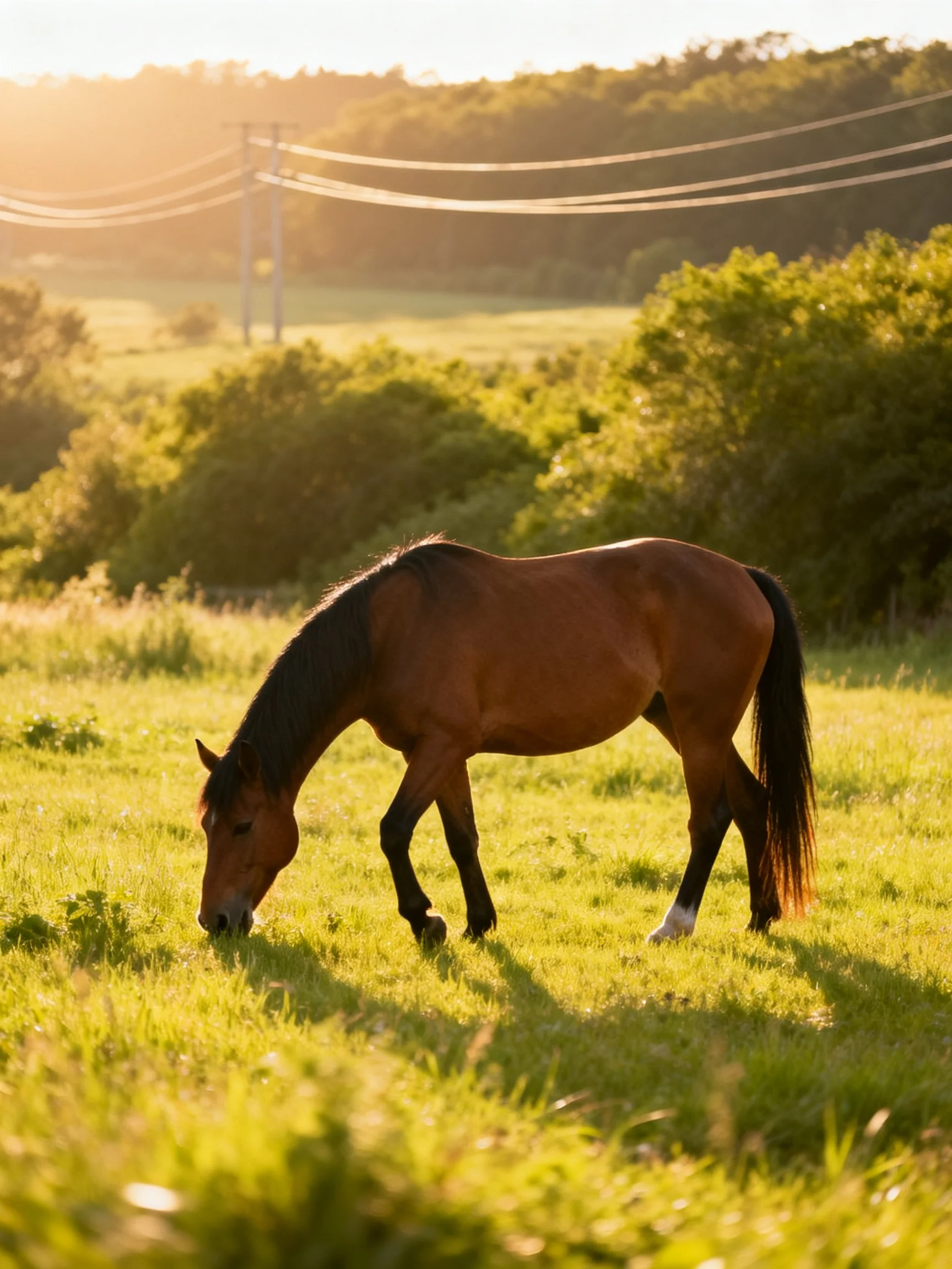 A brown horse grazes in a sunlit green pasture near trees