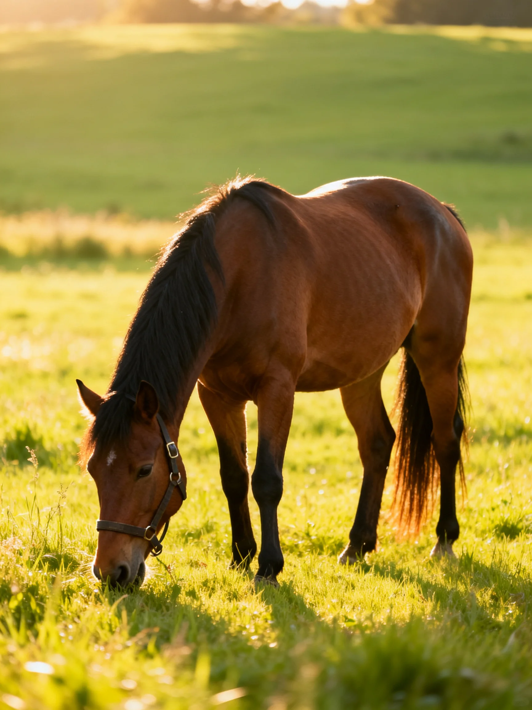 A brown horse grazes in a sunlit green pasture
