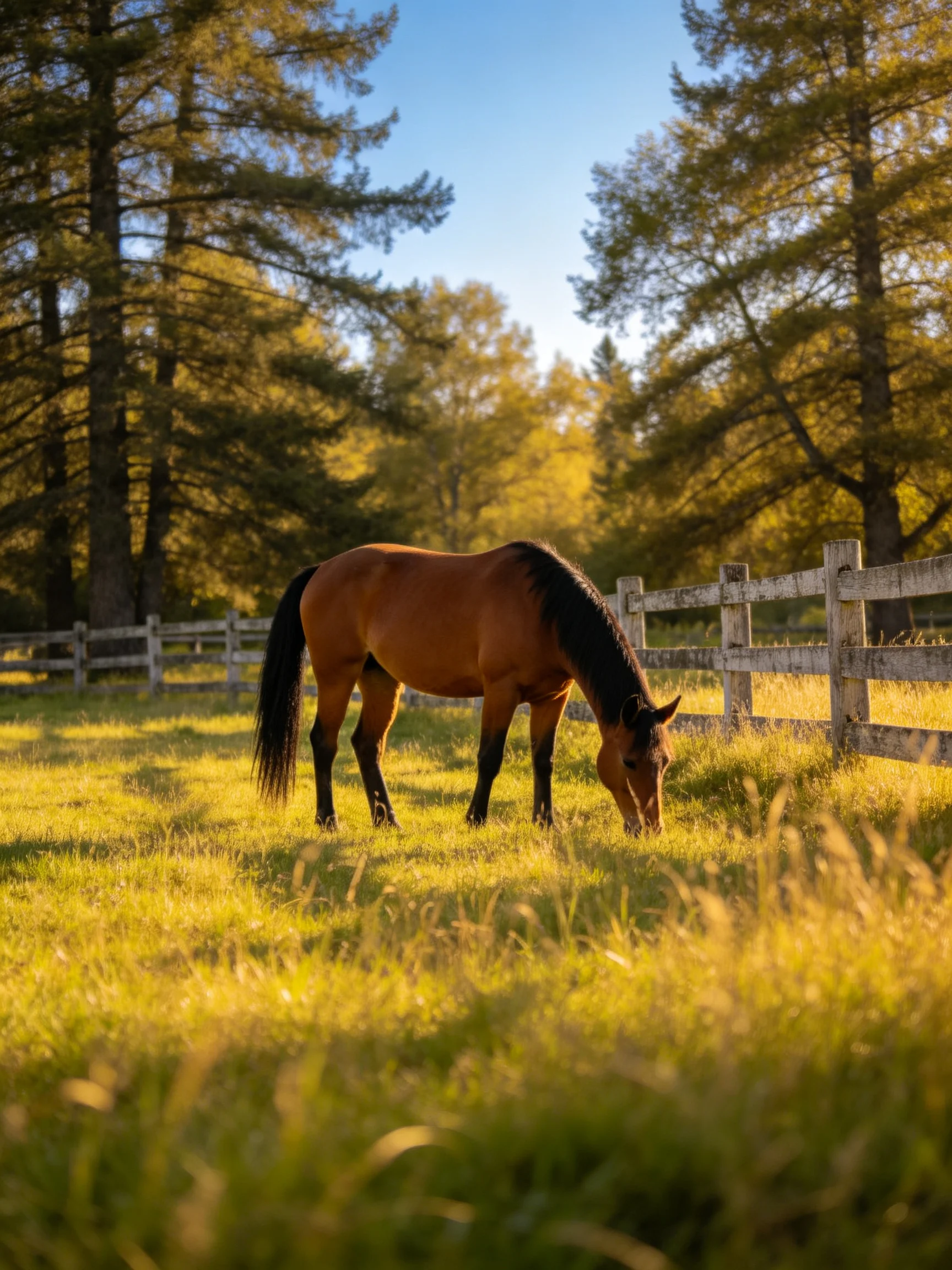 A brown horse grazes in a sunlit green pasture with wooden fences