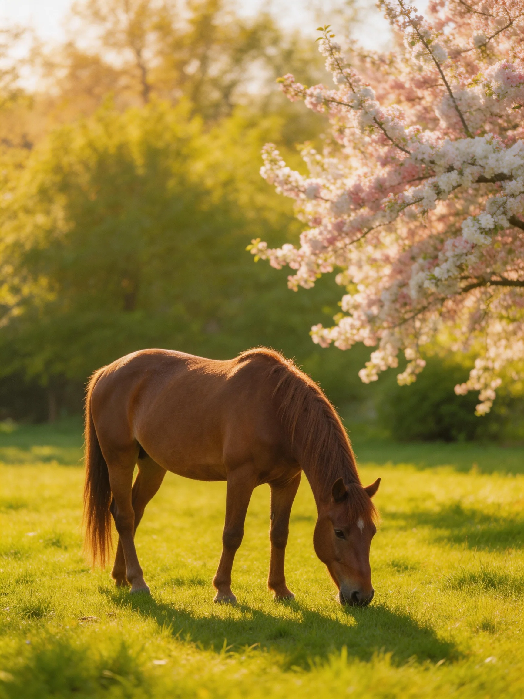 A brown horse grazes in a sunlit meadow near flowering trees