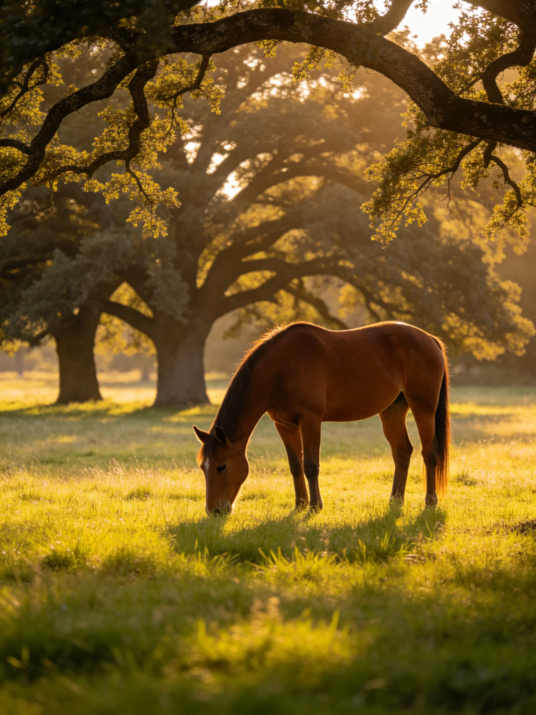 A brown horse grazes in a sunlit meadow with ancient oak trees