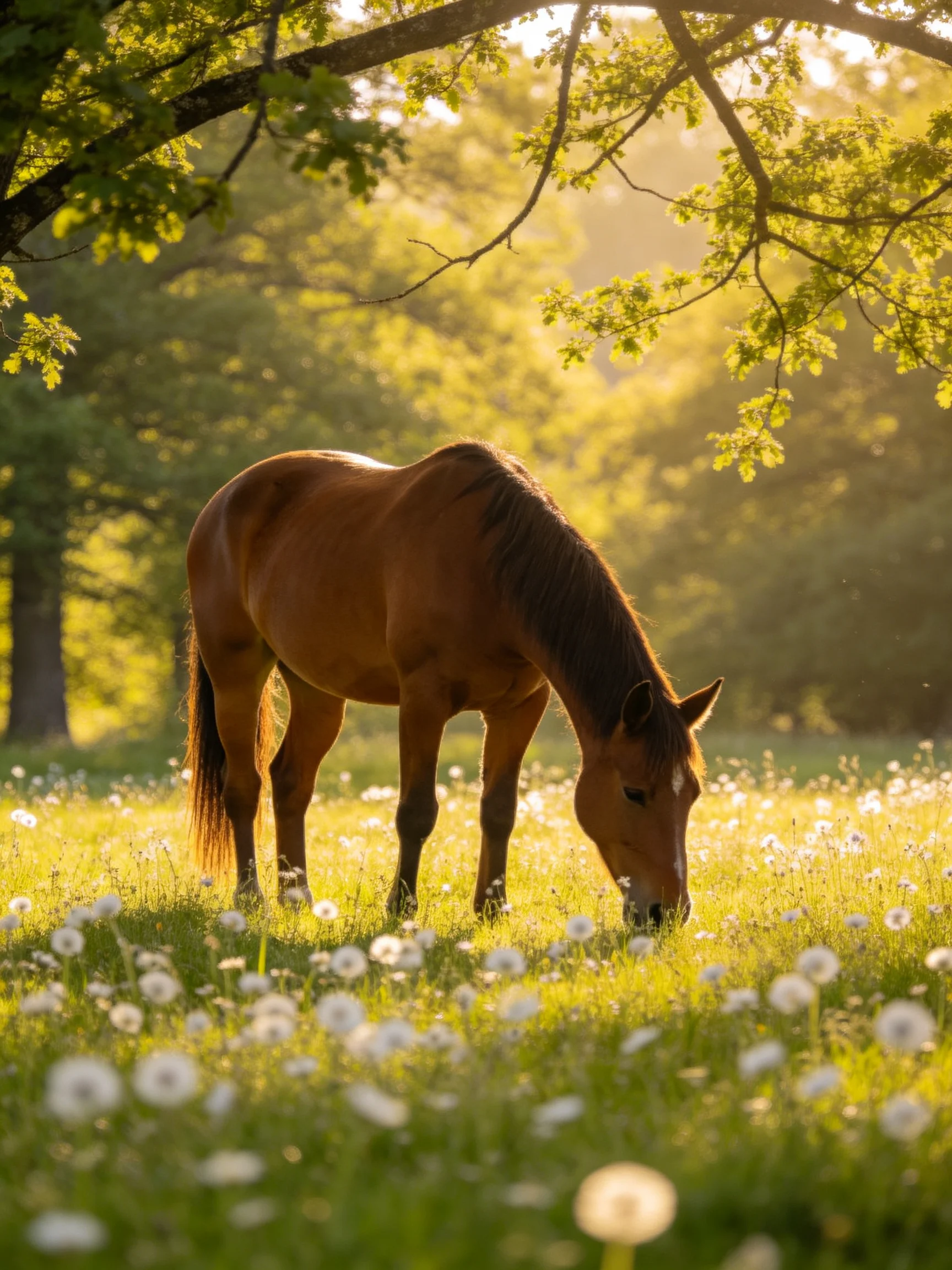 A brown horse grazes in a sunlit meadow with dandelions