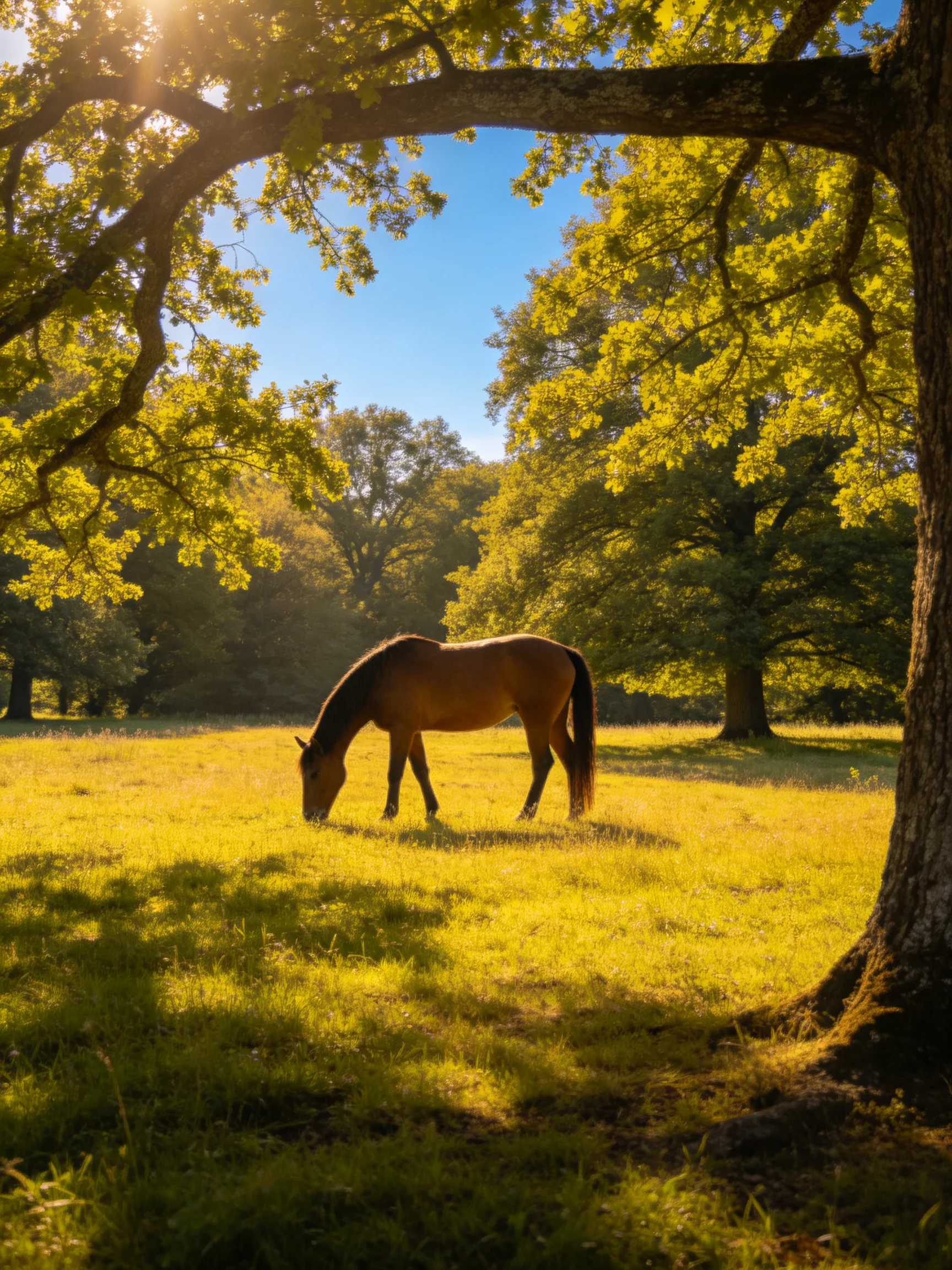 A brown horse grazes in a sunlit meadow with large green trees