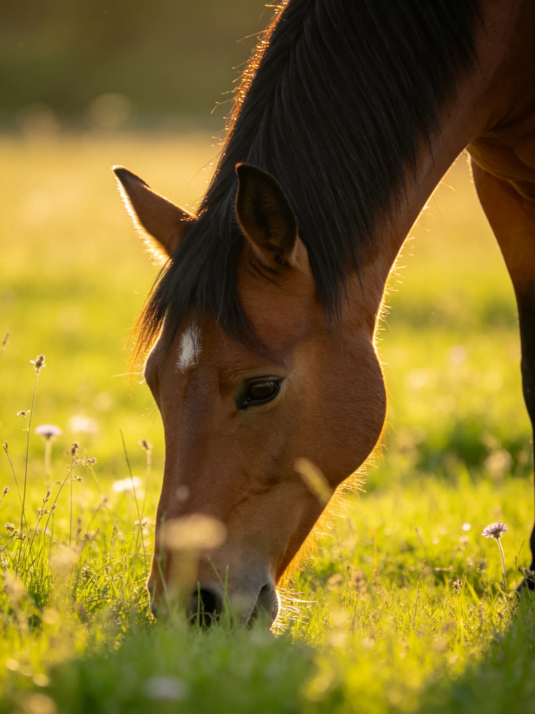 A brown horse grazes in a sunlit meadow with wildflowers