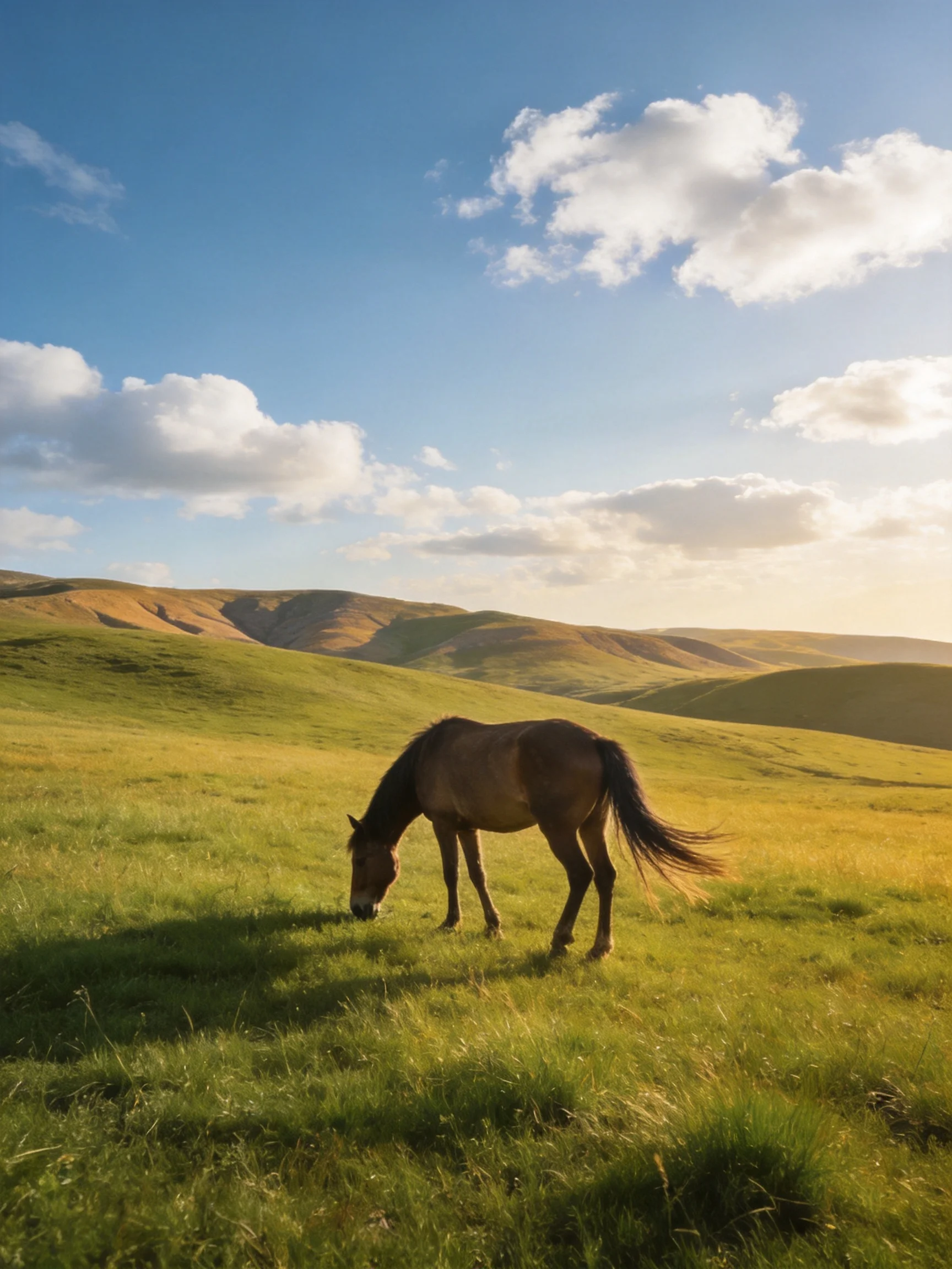 A brown horse grazes in a vast green meadow with rolling golden hills