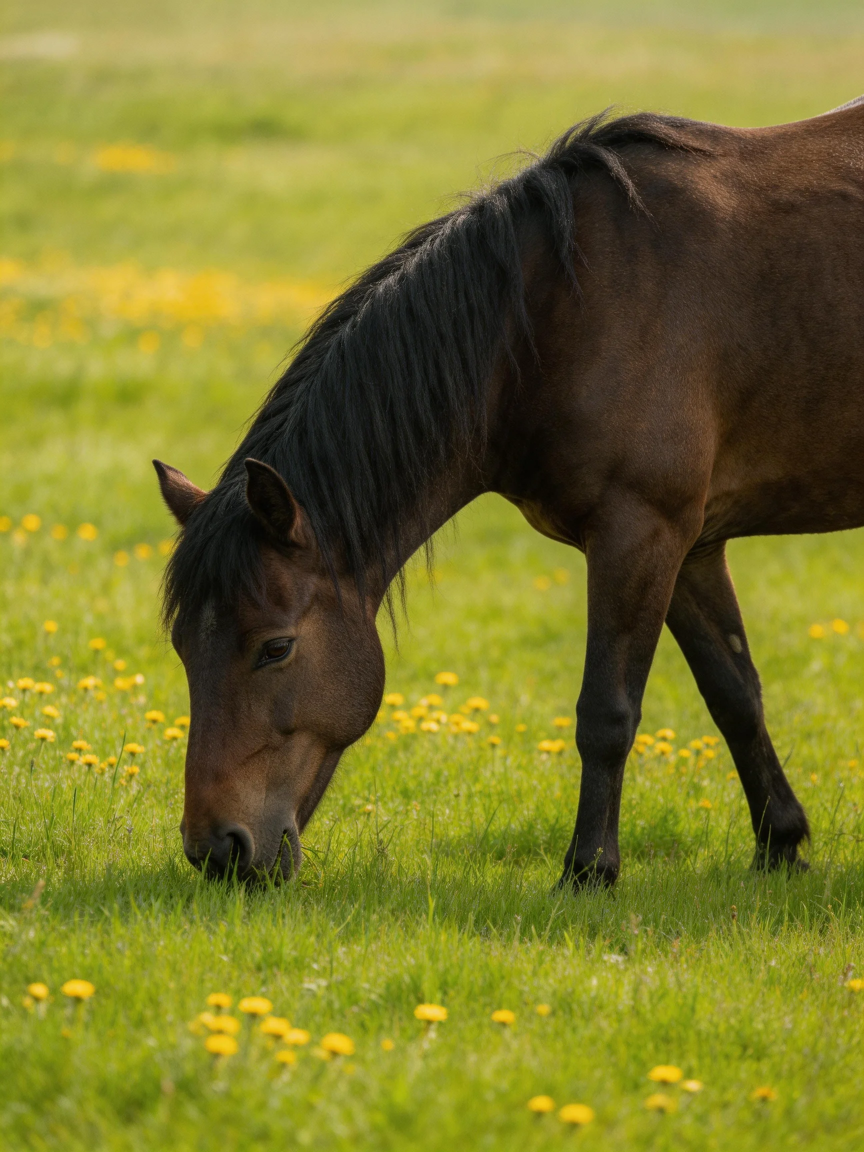A brown horse grazes in a verdant meadow with yellow wildflowers