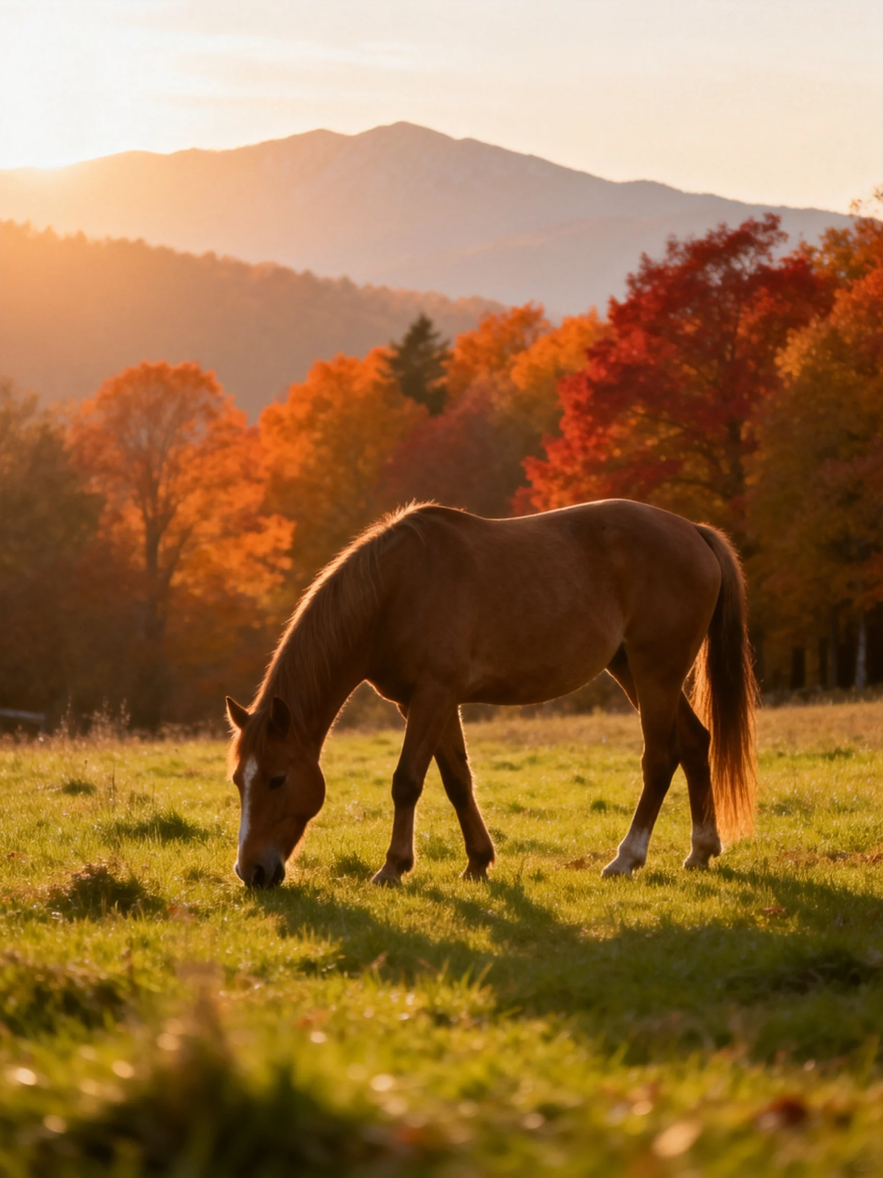 A brown horse grazes in an autumn meadow with colorful foliage and distant mountains