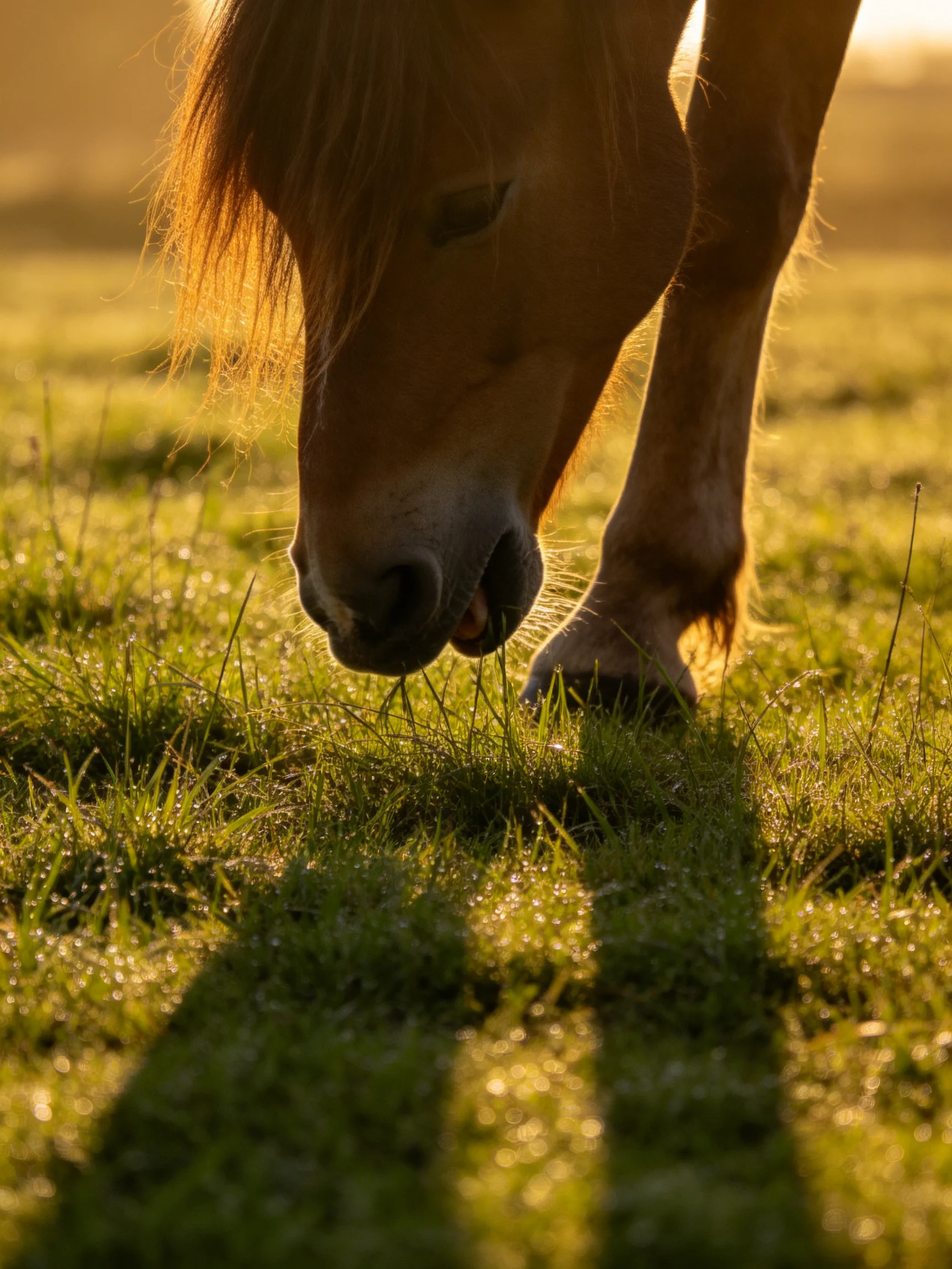 A brown horse grazes in dewy green meadow with golden sunlight