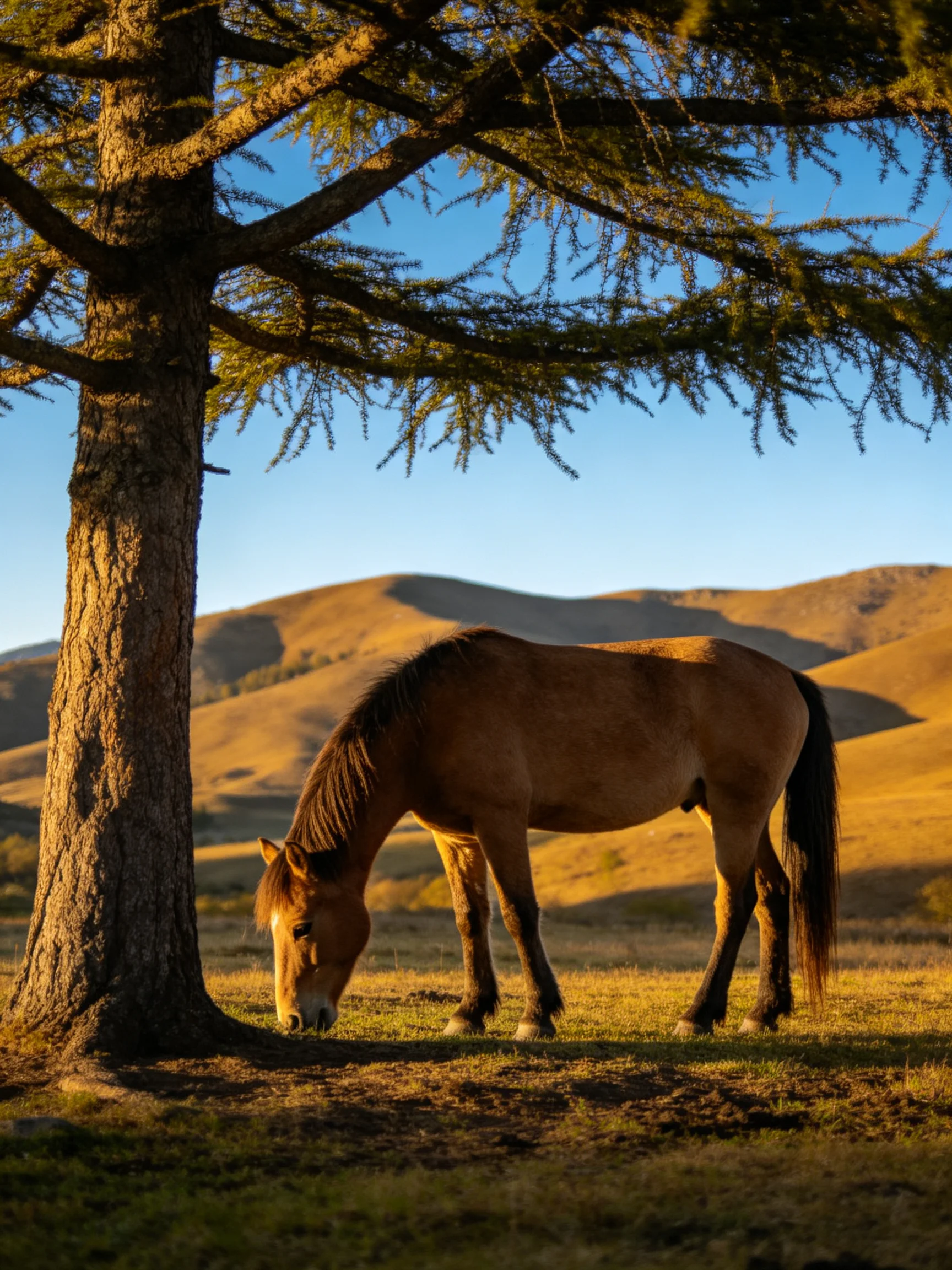 A brown horse grazes under a tree with golden hills in the background.