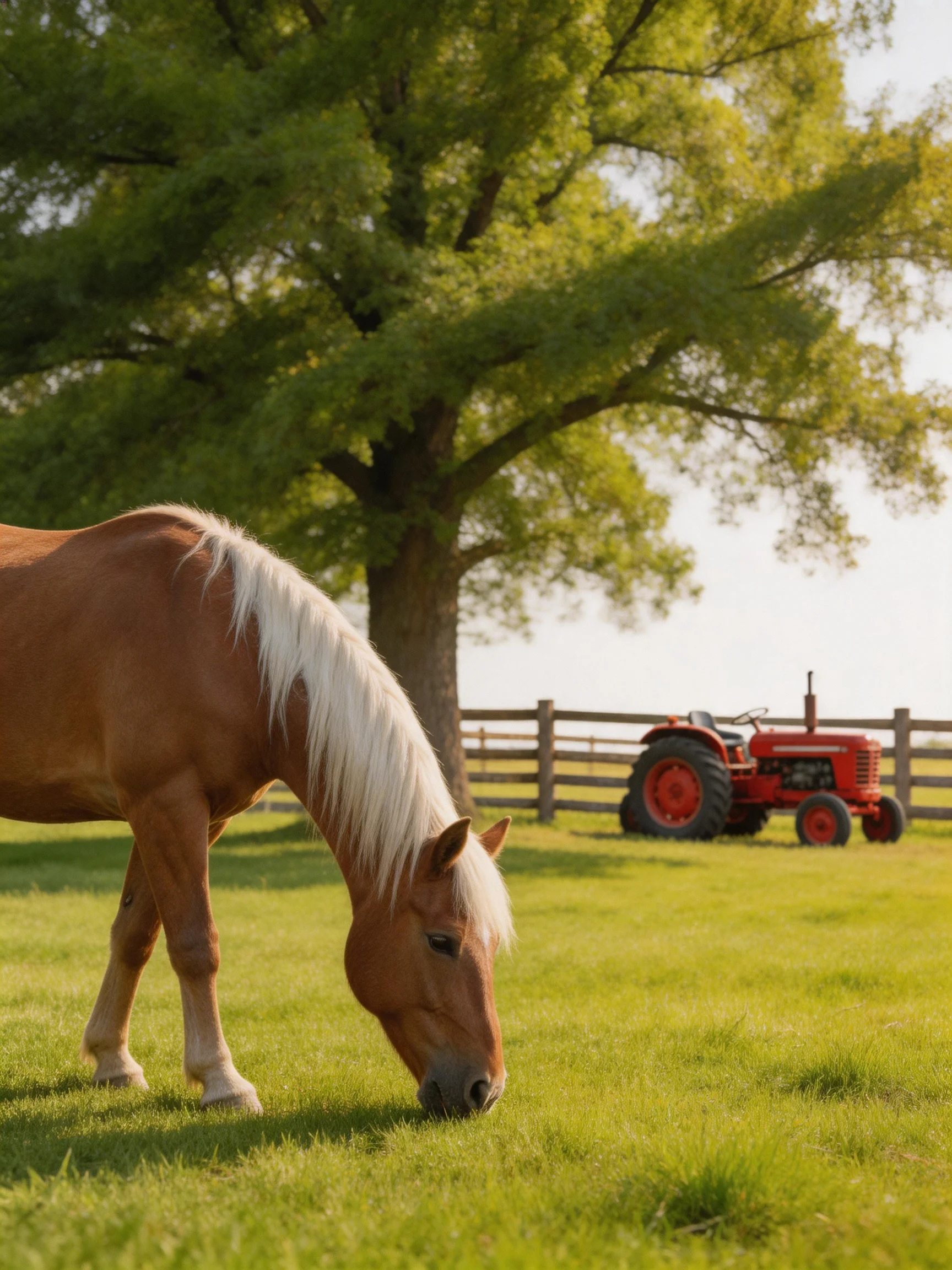 A brown horse grazes near a large tree with a red tractor