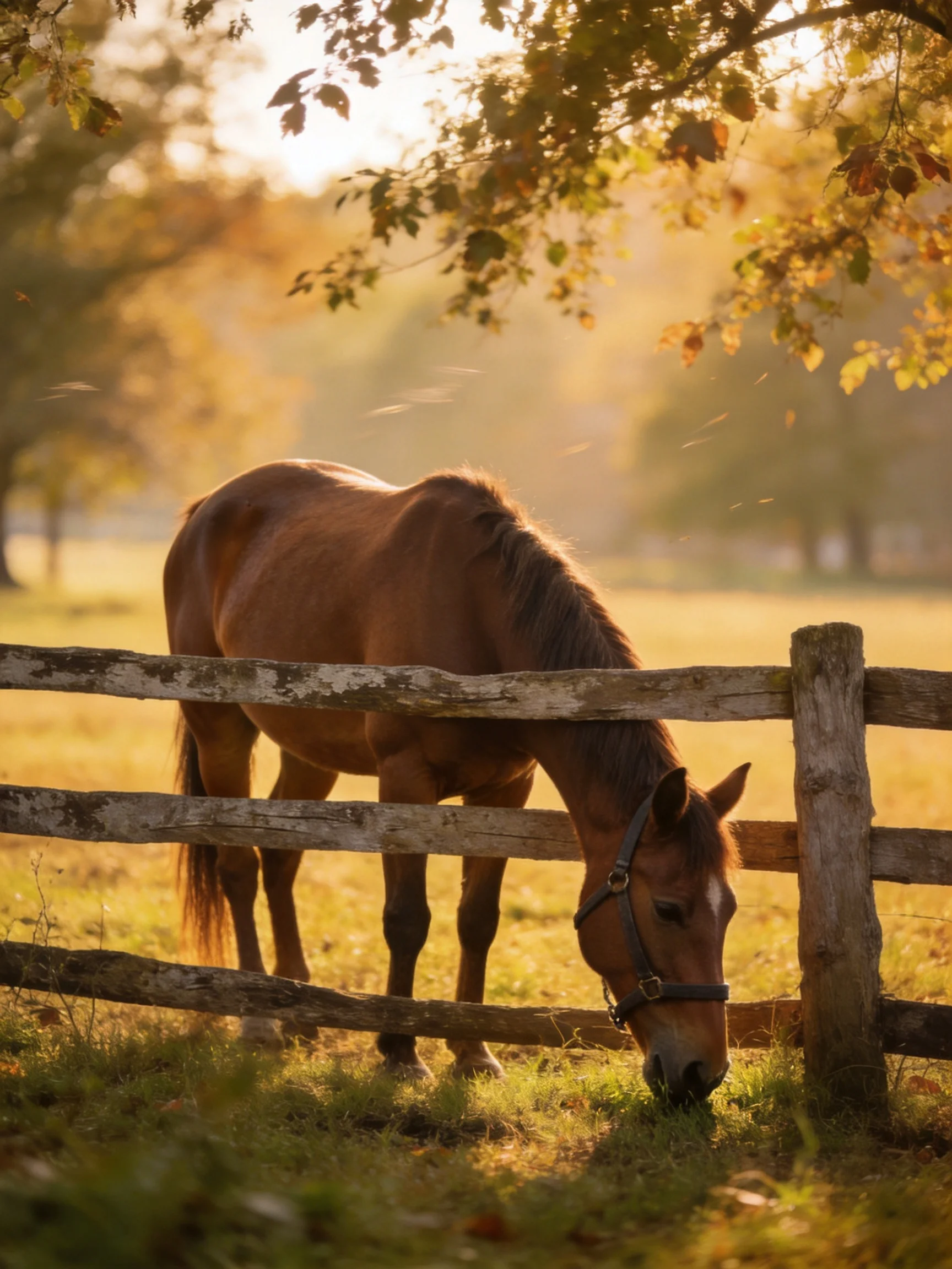 A brown horse grazes near a rustic wooden fence in golden light