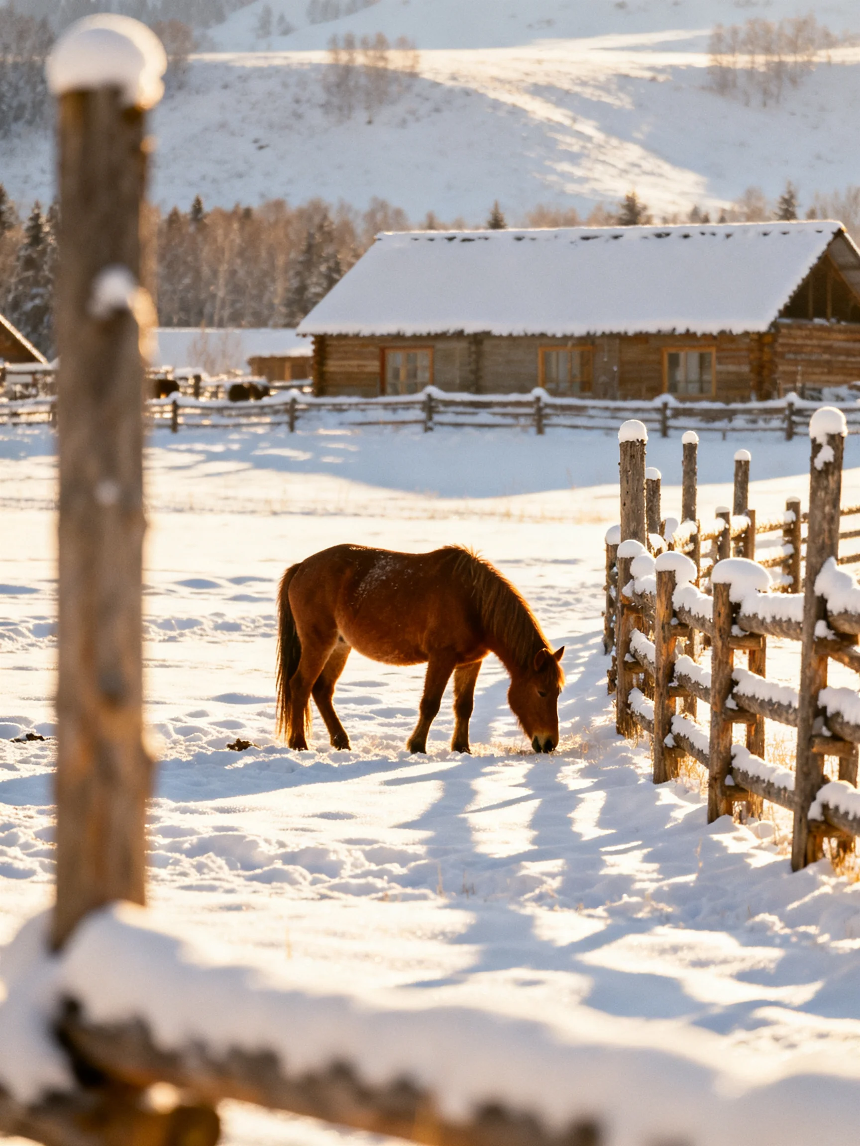 A brown horse grazes near a snow - covered wooden cabin
