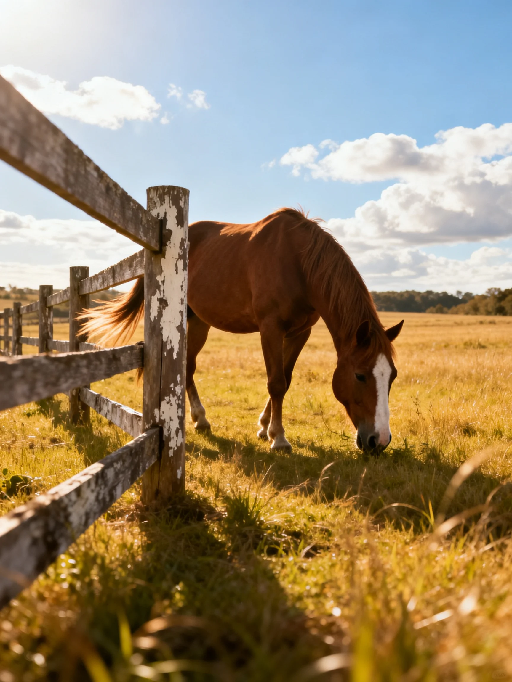 A brown horse grazes near an aged wooden fence in a golden field