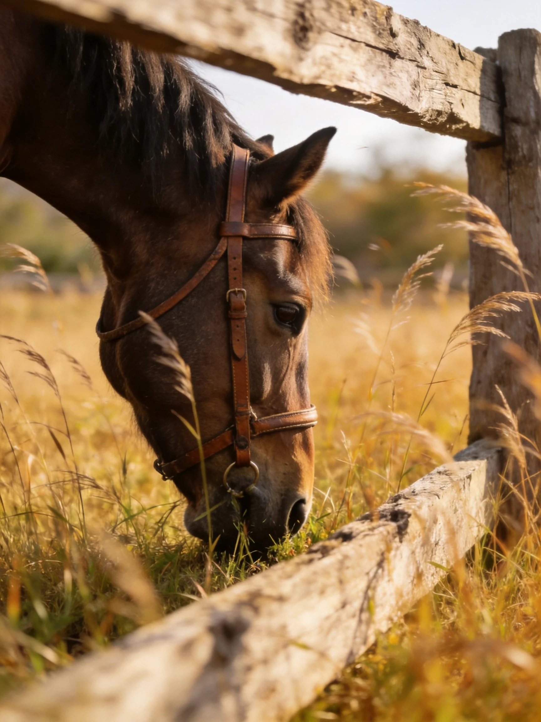 A brown horse grazes near an aged wooden fence in golden fields