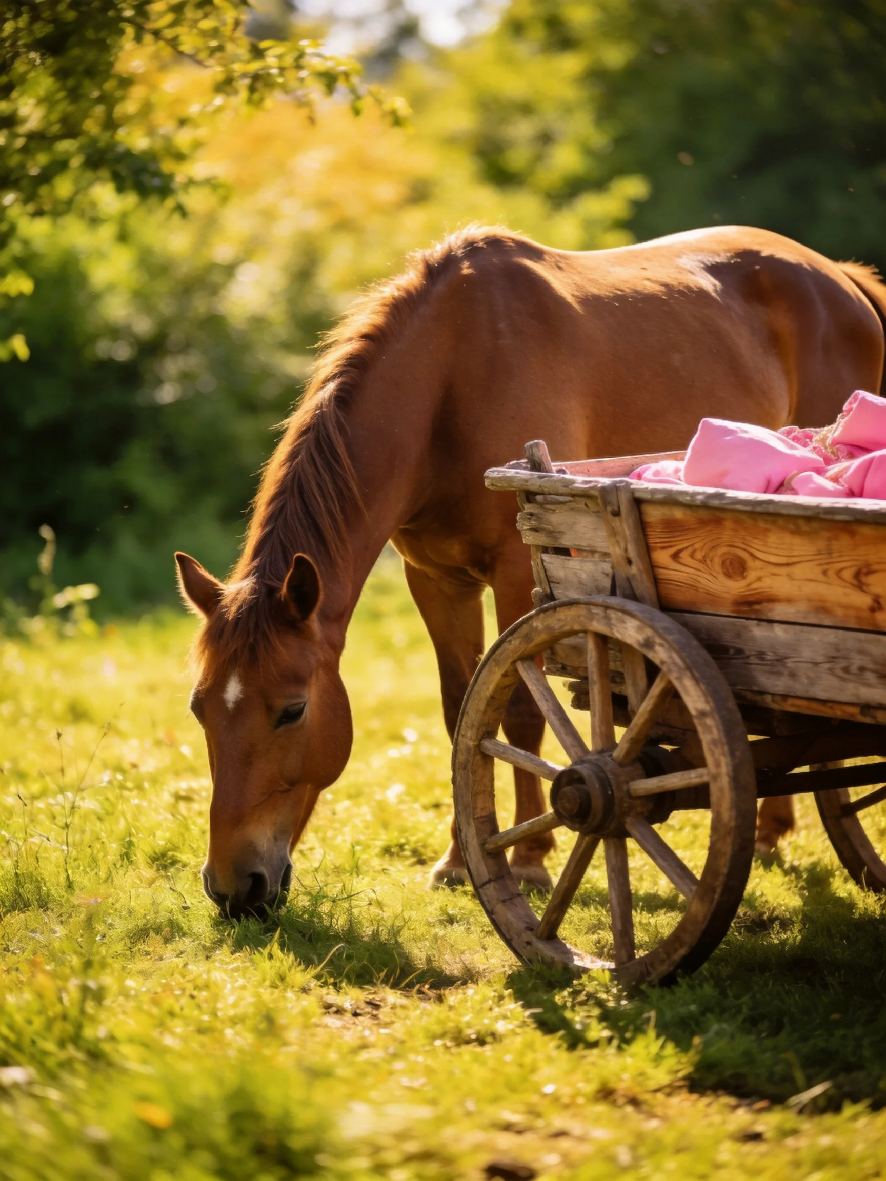 A brown horse grazes near an old wooden cart with pink items