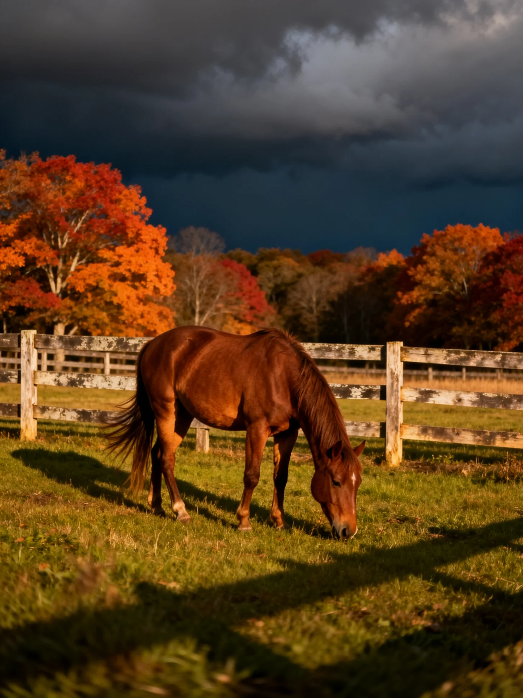 A brown horse grazes near vibrant fall foliage and weathered wooden fencing