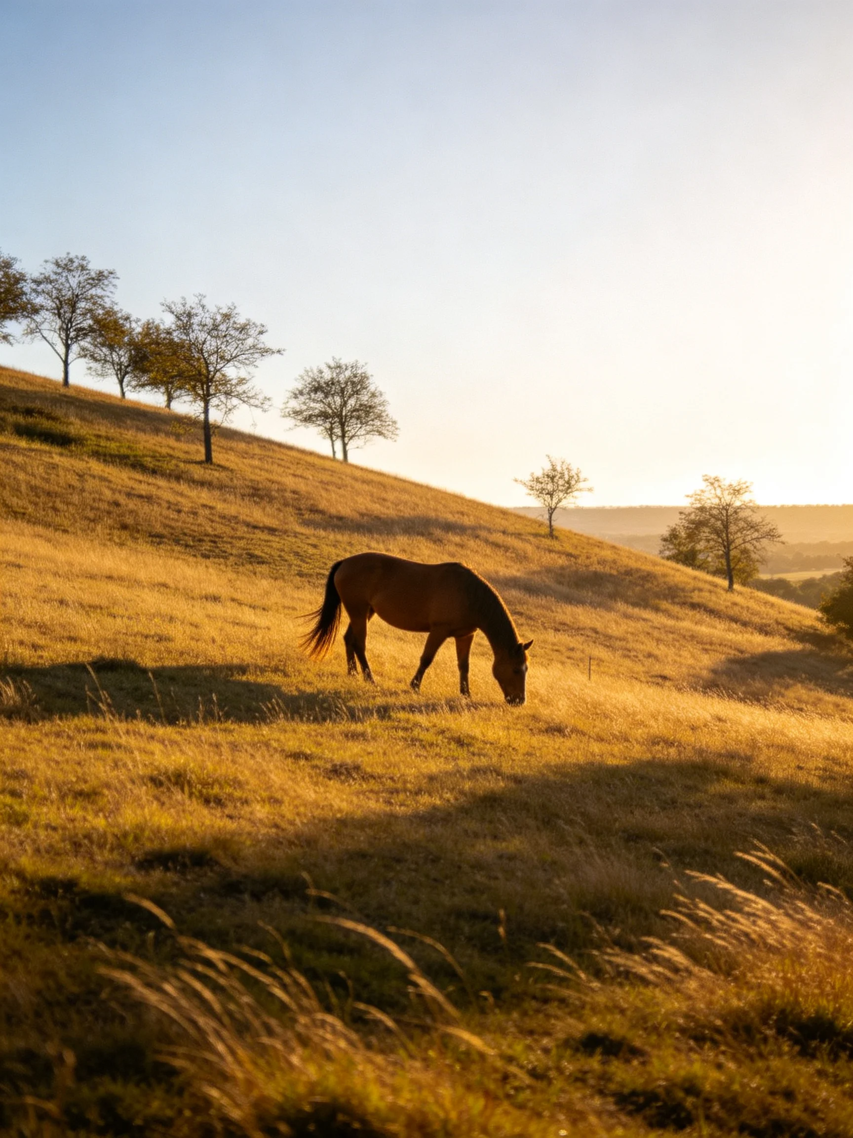 A brown horse grazes on a golden hillside with scattered trees