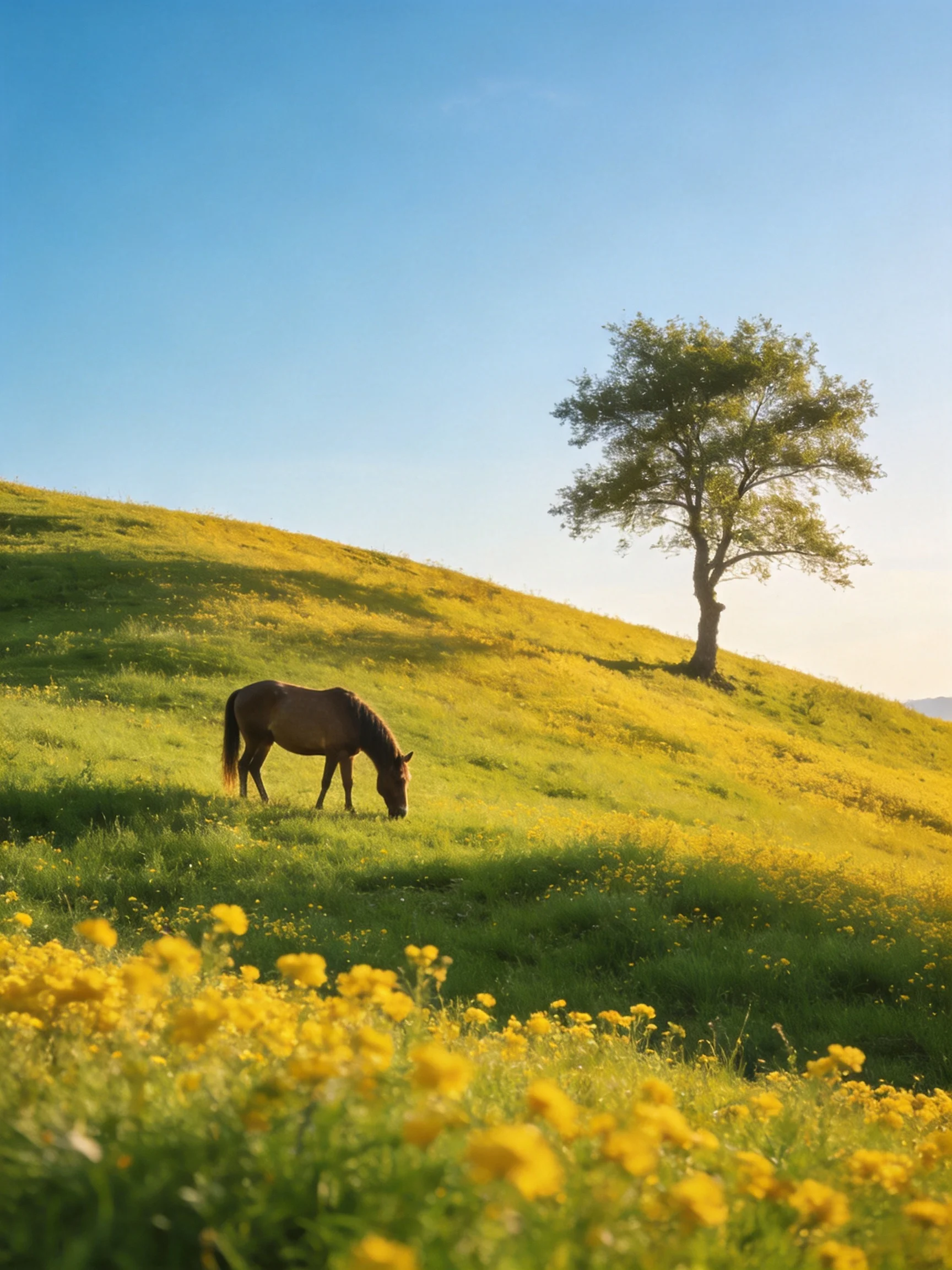 A brown horse grazes on a sunlit hillside with yellow wildflowers and a lone tree