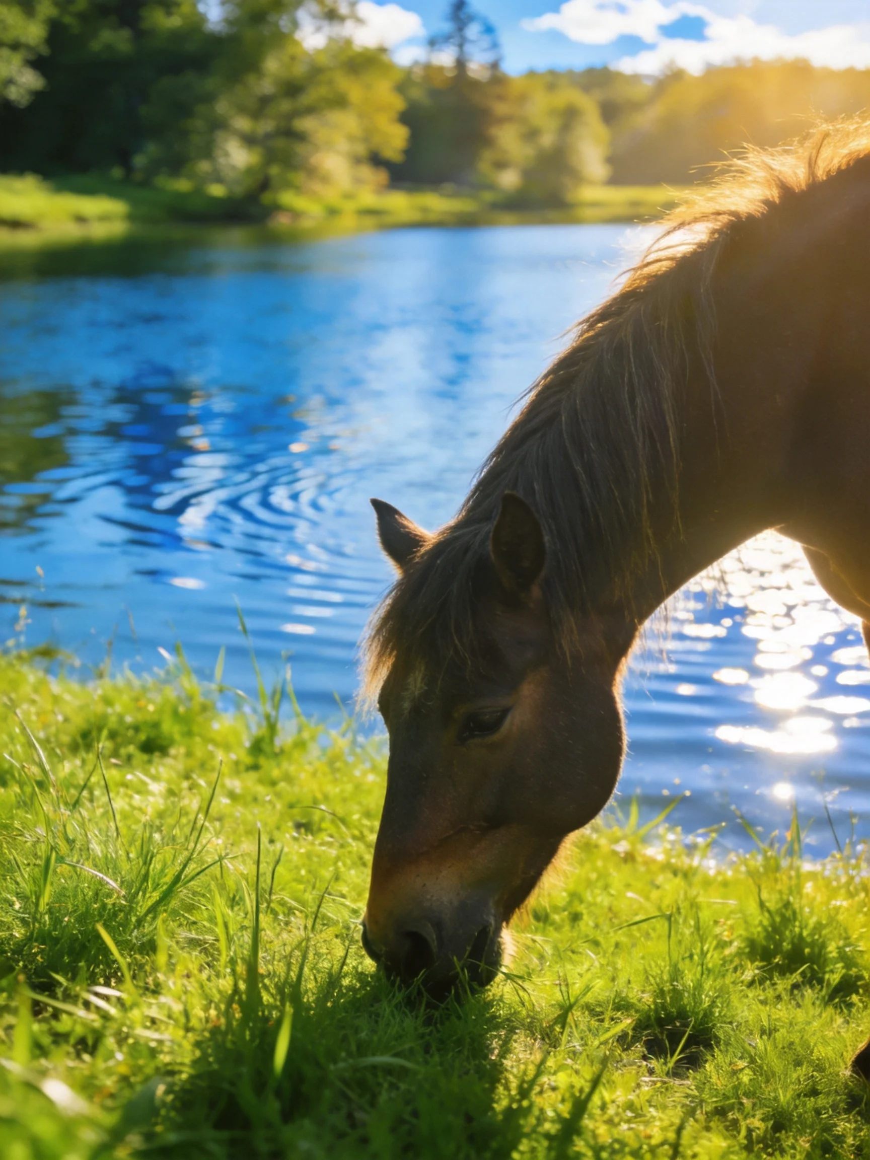 A brown horse feeds on grass beside a calm blue river.