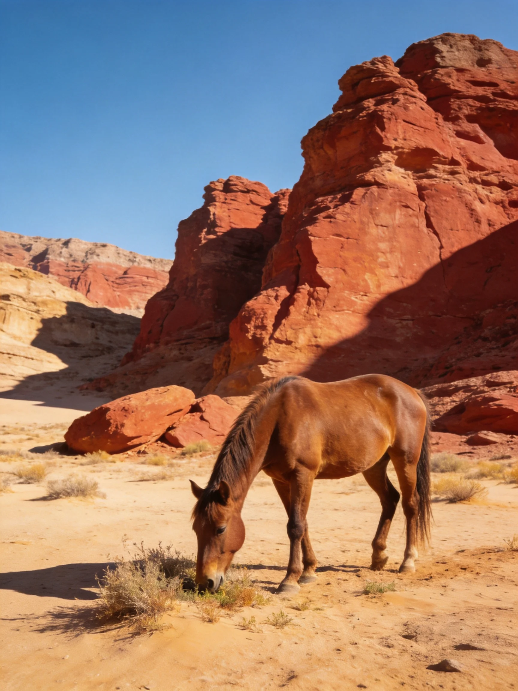 A brown horse grazes near large red rock formations in a desert setting.