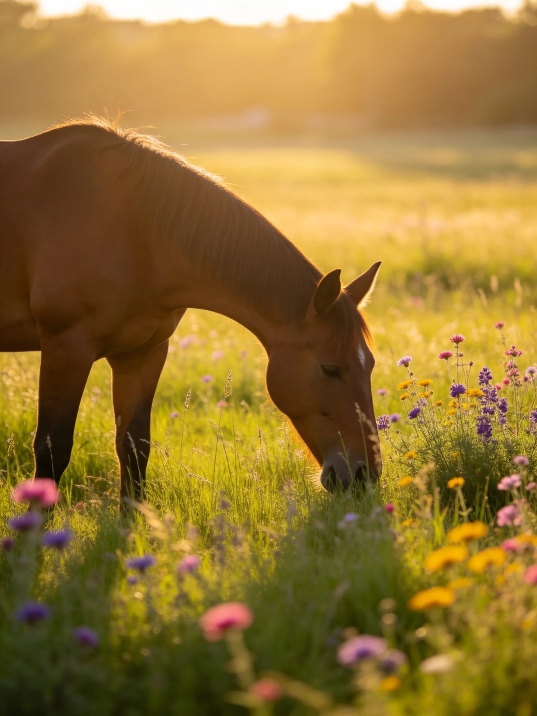 A brown horse grazing among colorful wildflowers in a sunlit meadow