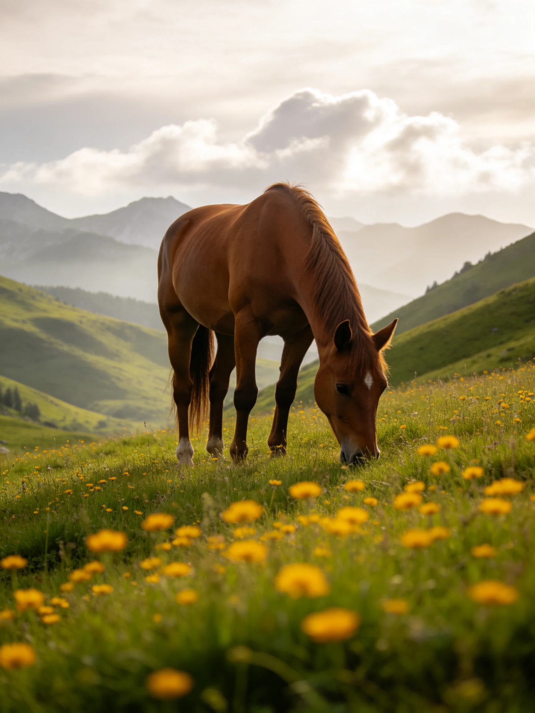 A brown horse grazing among yellow wildflowers in a mountain meadow