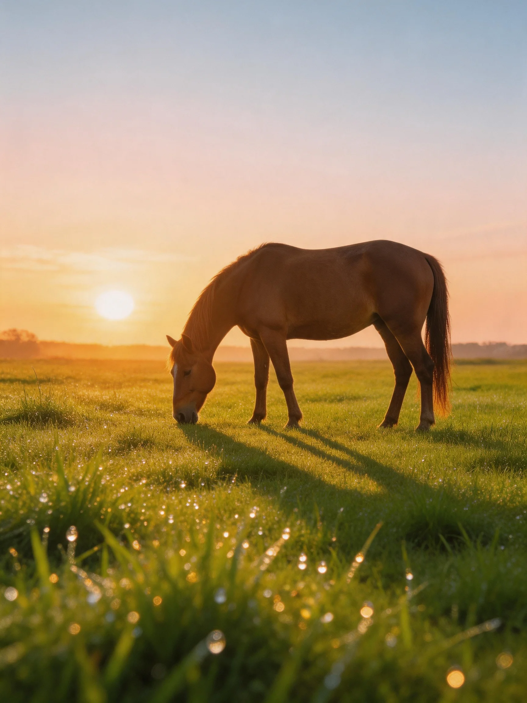 A brown horse grazing in a dewy green meadow at sunset