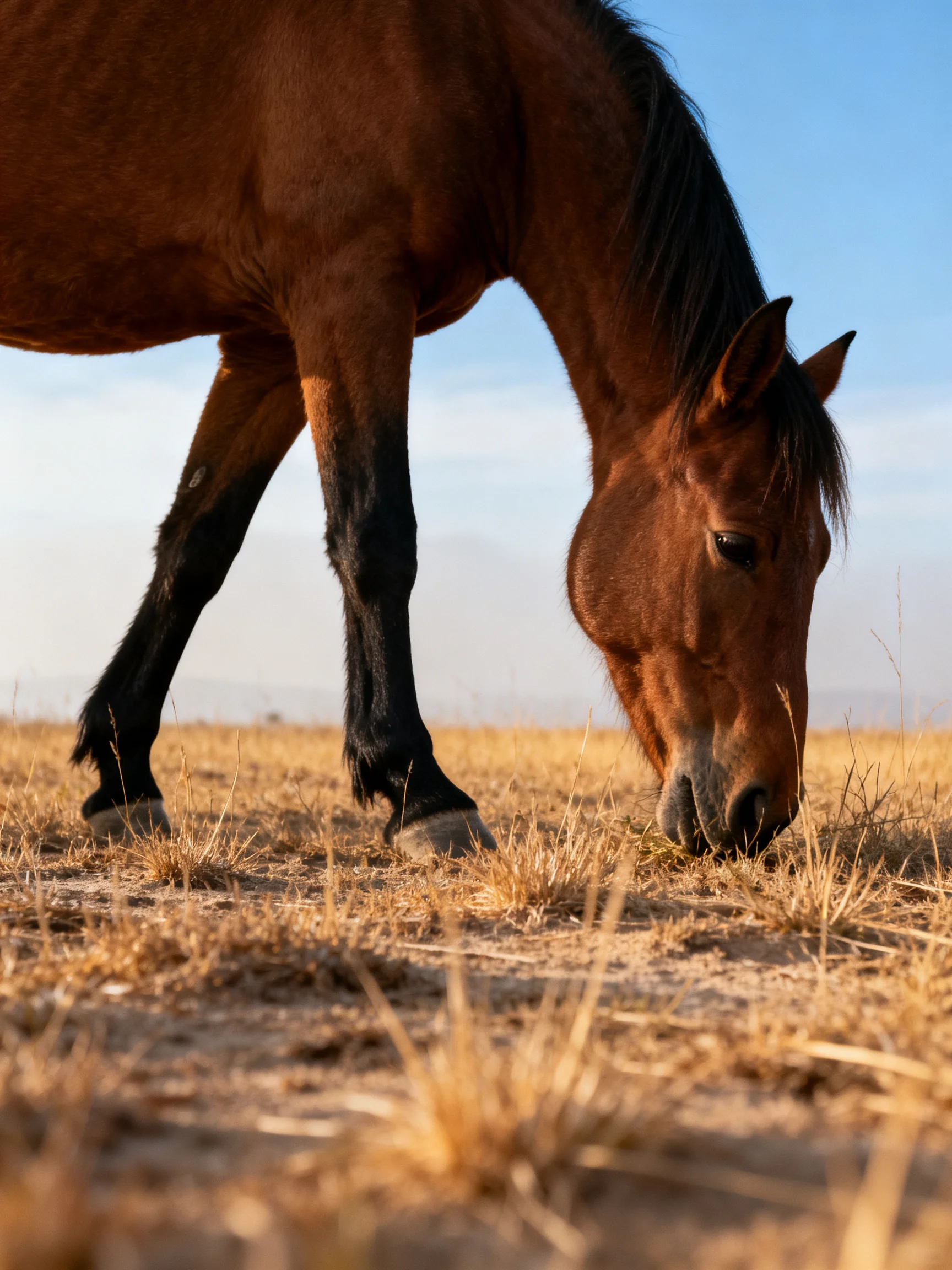 A brown horse grazing in a dry, golden field under clear blue sky