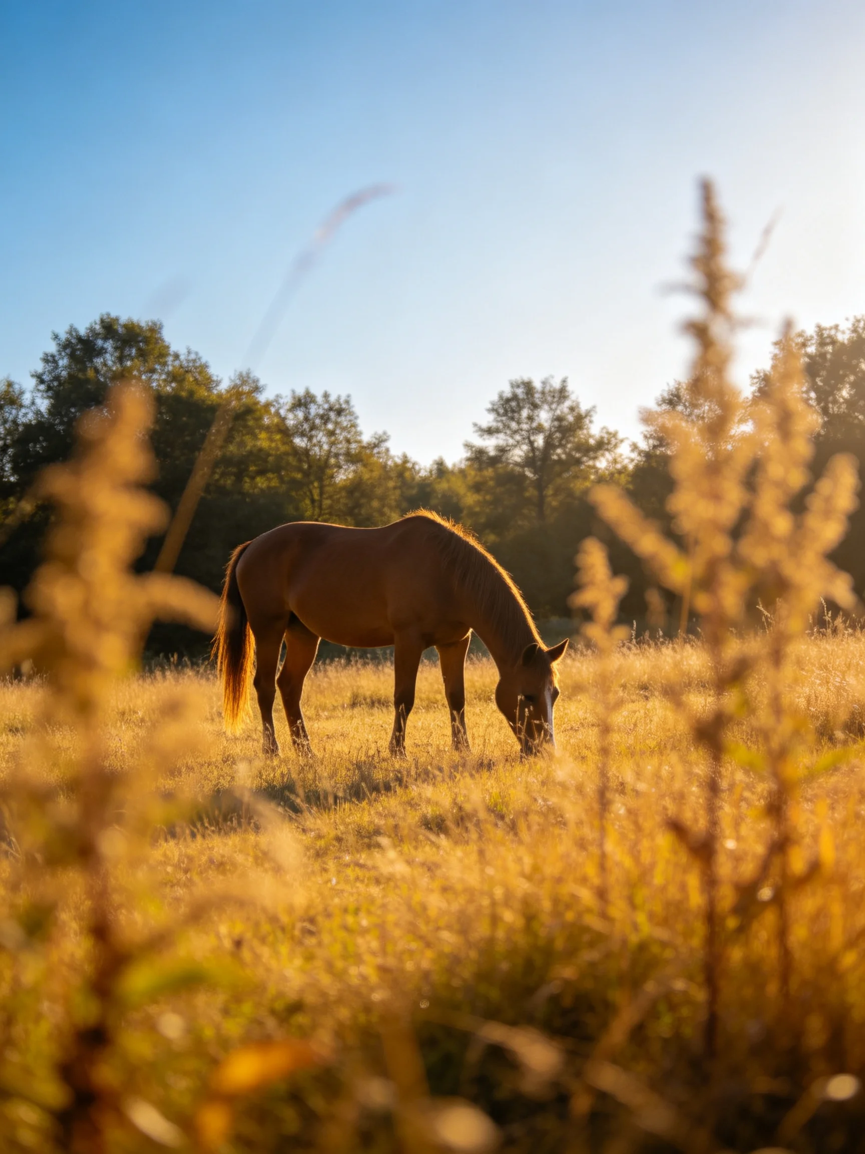 A brown horse grazing in a golden sunlit meadow