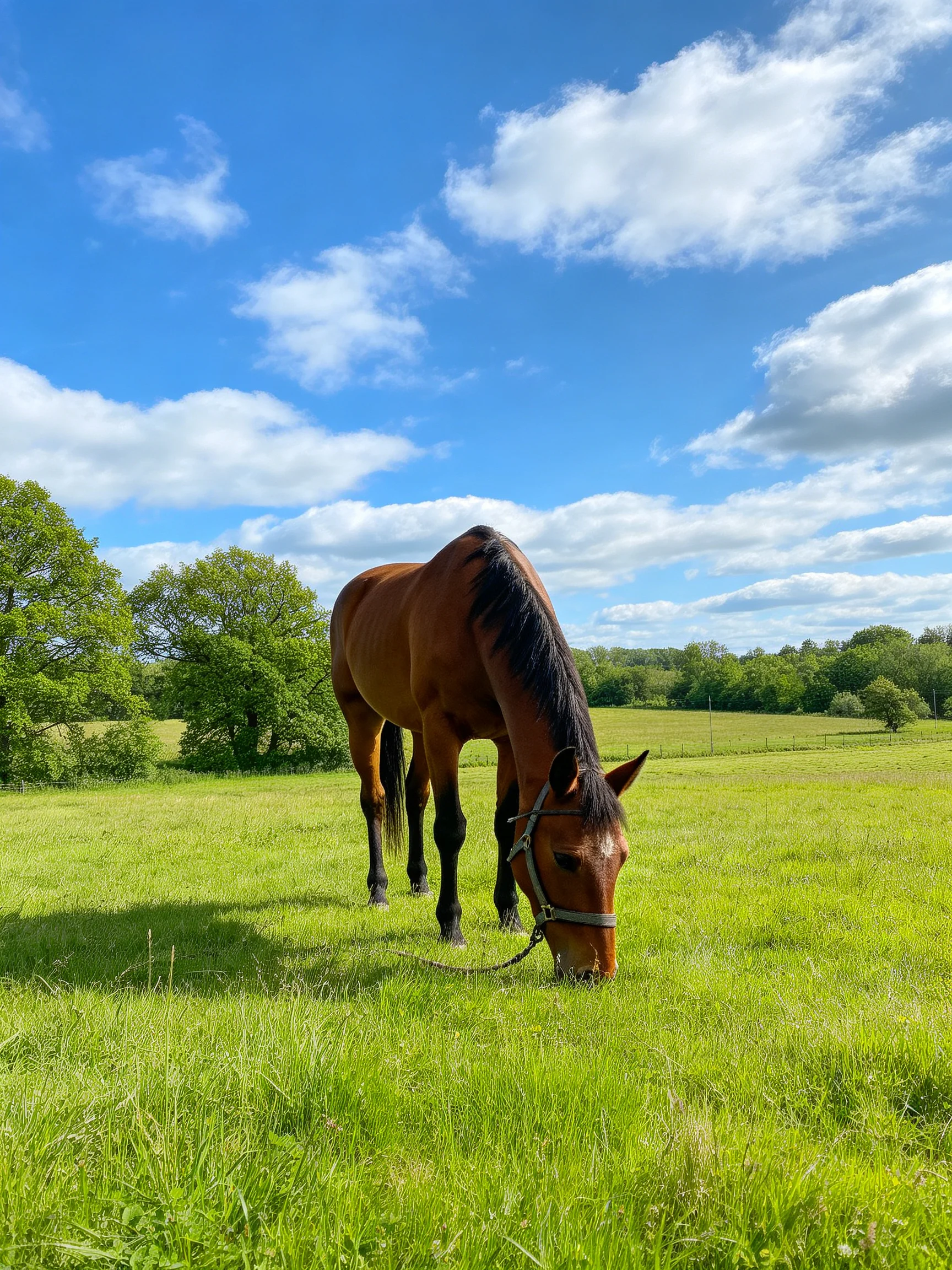 A brown horse grazes in a sunny meadow with green grass and trees.