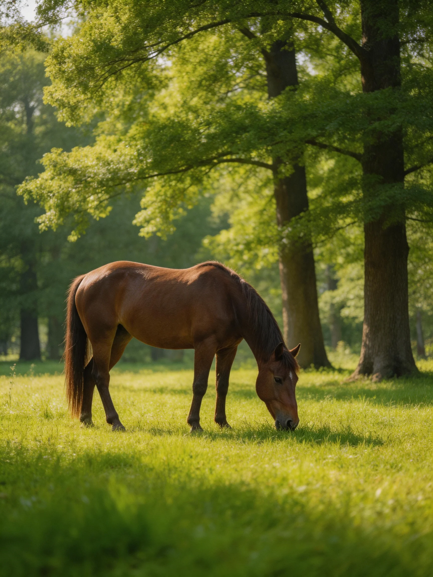 A brown horse grazing in a sun-dappled green meadow near tall trees