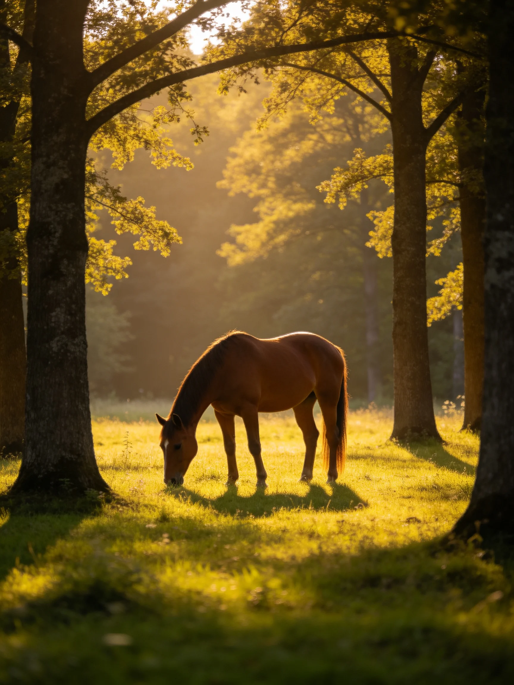 A brown horse grazing in a sunlit forest clearing among tall trees